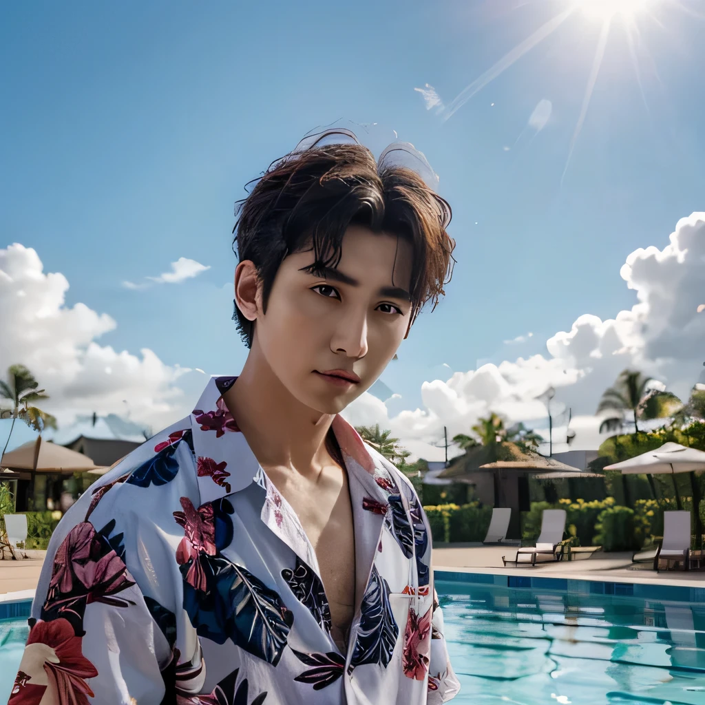 high high quality，Cai Xukun's，hawaiian shirt，swimmingpool，look up to