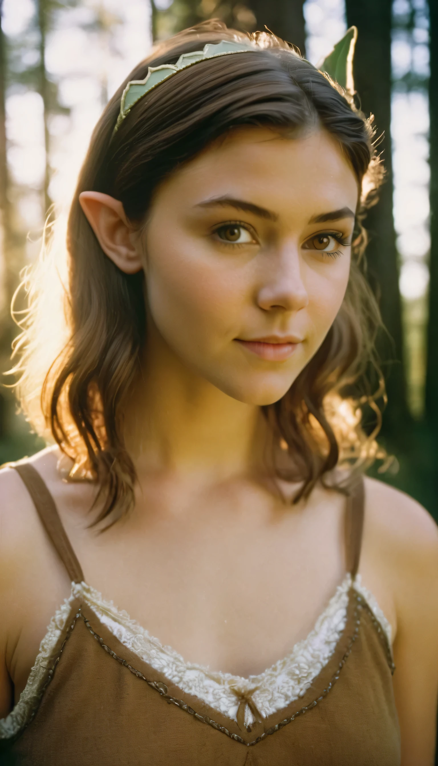 analog film photo, photo of a young woman, 18 years-old, (hylian tank top:1.1), elf, elf ears, long pointy ear tips, brown eyes, light-brown sun-tanned skin, goosebumps, pretty, natural beauty, resembles a young Mary Elizabeth Winstead, misty morning, elven forest, RAW Photograph, dslr, soft lighting, high quality, film grain, Fujifilm XT3, detailed skin with visible pores, insane details, masterpiece, 8k, 35mm photograph, dslr, kodachrome, faded film, desaturated, 35mm photo, grainy, vintage, Kodachrome, Lomography, stained, highly detailed, found footage, close-up shot, elven ears