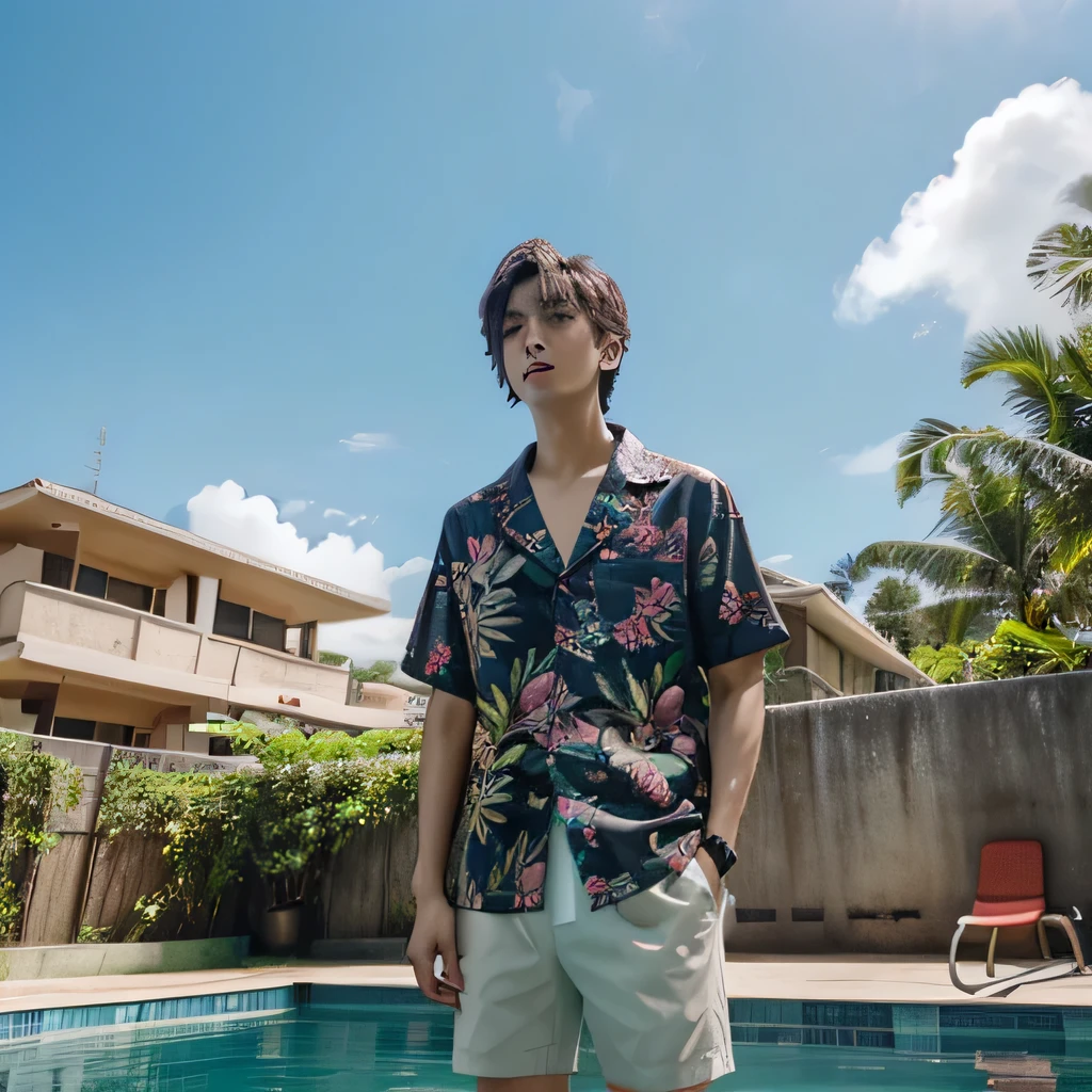 high high quality,Cai Xukun's,hawaiian shirt,swimmingpool,look up to