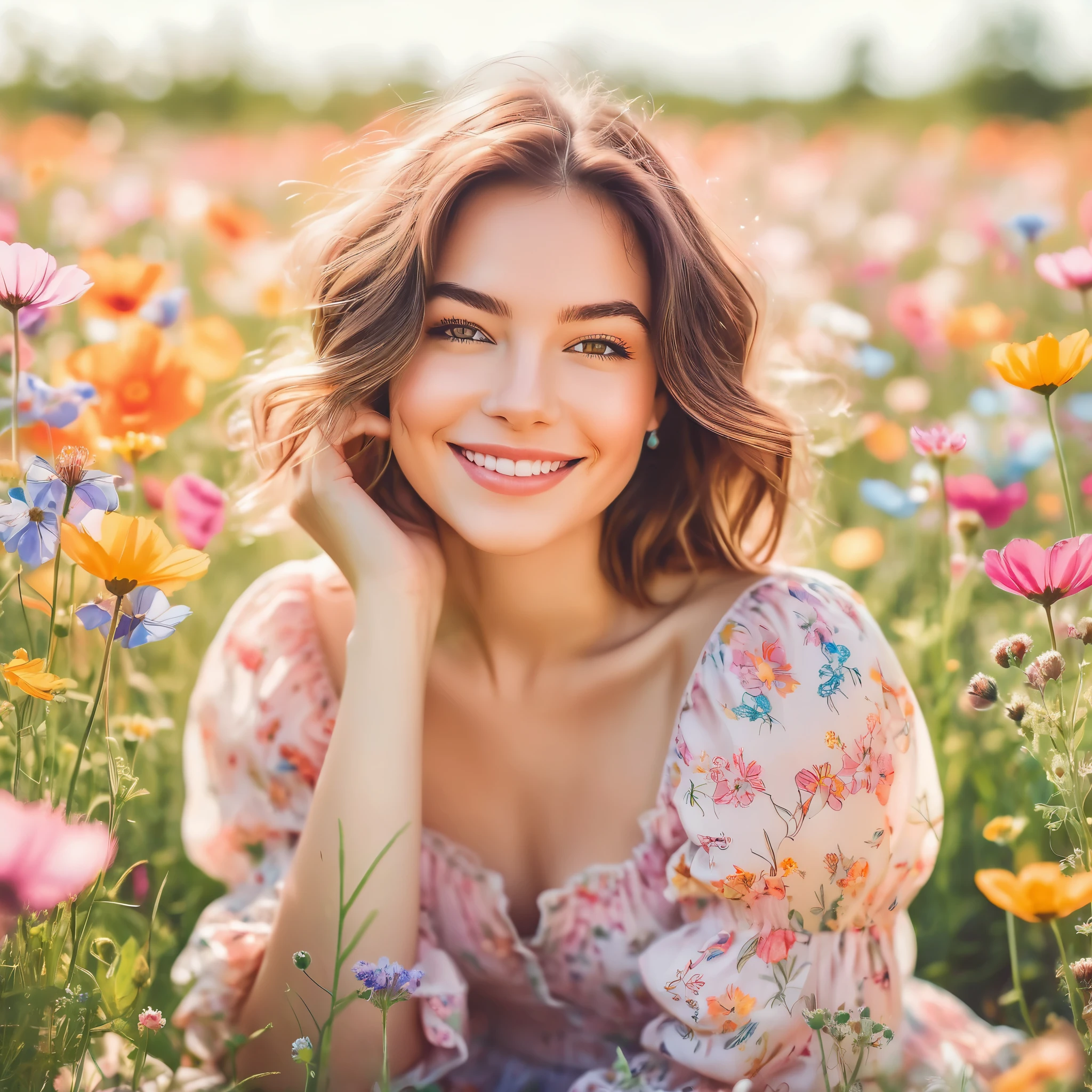 A whimsical, illustrated photoshoot depicting a beautiful woman with delicate features and an enchanting smile, sitting in a field of oversized, colorful wildflowers. Highly detailed, vector-based artwork with a dreamy, storybook quality and soft, pastel hues. Captured with a normal lens and a shallow depth of field to create a sense of intimacy and focus on the woman's expressive face. large tits