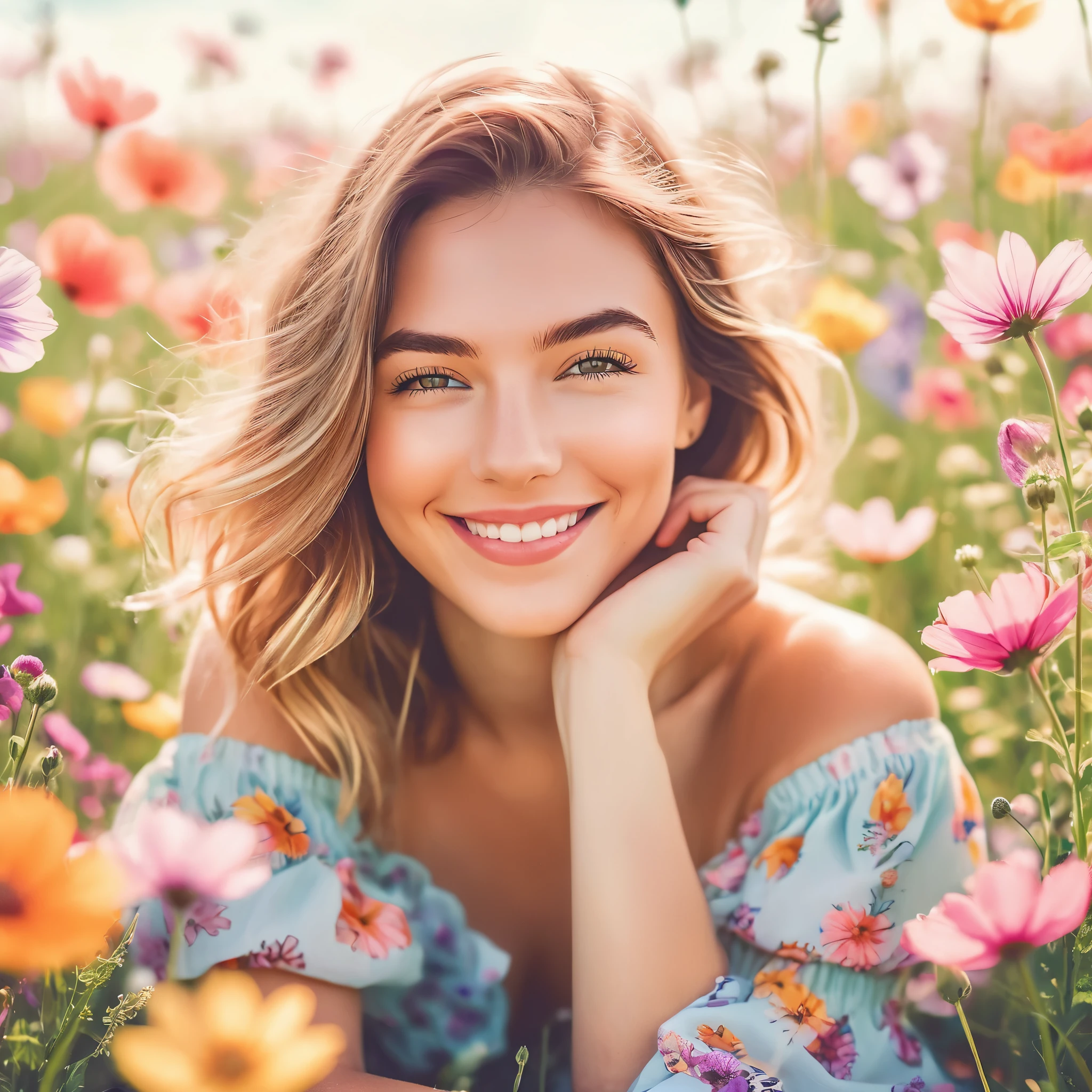 A whimsical, illustrated photoshoot depicting a beautiful woman with delicate features and an enchanting smile, sitting in a field of oversized, colorful wildflowers. Highly detailed, vector-based artwork with a dreamy, storybook quality and soft, pastel hues. Captured with a normal lens and a shallow depth of field to create a sense of intimacy and focus on the woman's expressive face. large tits