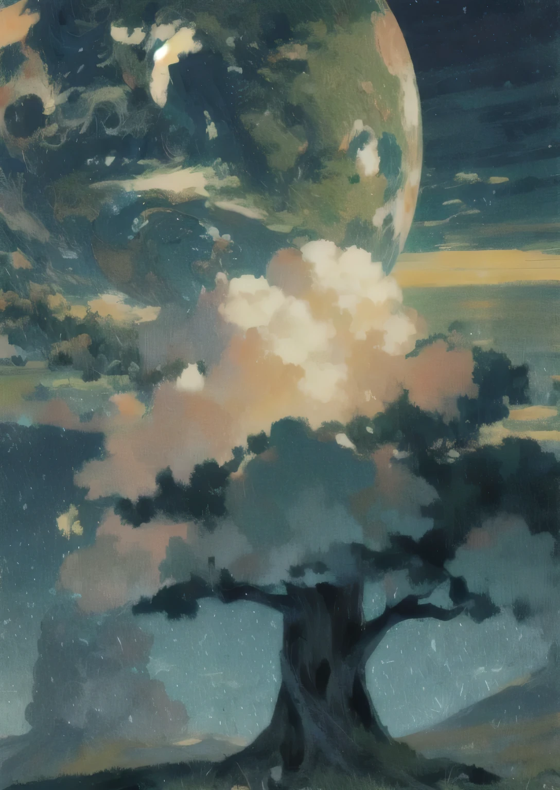 Cartoon scene of detailed leaves and branches of trees and earth on sky background,, background art, stunning wallpapers, through the mast, background artwork,, A beautiful artistic illustration,Hand drawn wind giant brush stroke overgrown planet, green light, Bright natural light 4k detailed digital art bright footage