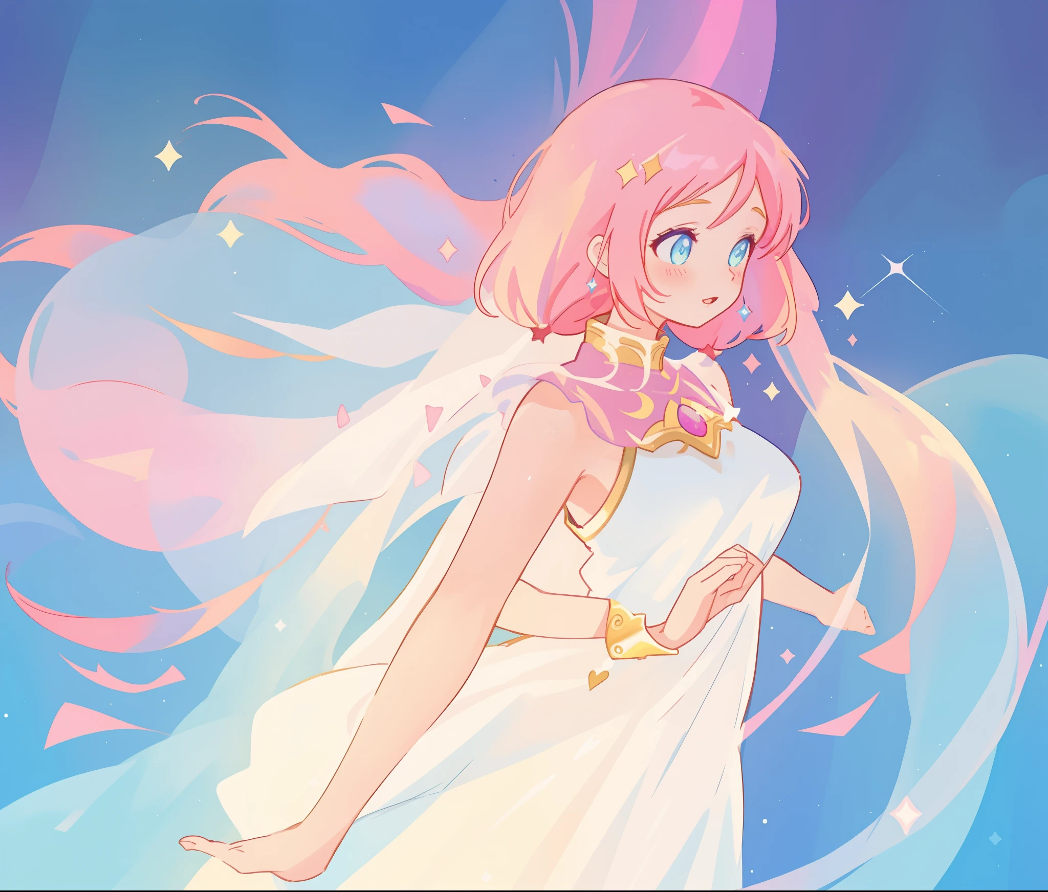 beautiful girl in white arabian two-piece dress, (arabian princess), (arabian dancer), (fantasy arabian dress), long colorful sparkling pink hair, watercolor illustration, Lois van Baarle, glowing aura around her, Glen Keane, jen bartel, glowing hair, beautiful digital illustration, fantasia background, beautiful, masterpiece, best quality, anime disney style, (detailed eyes), golden ratio, perfect composition