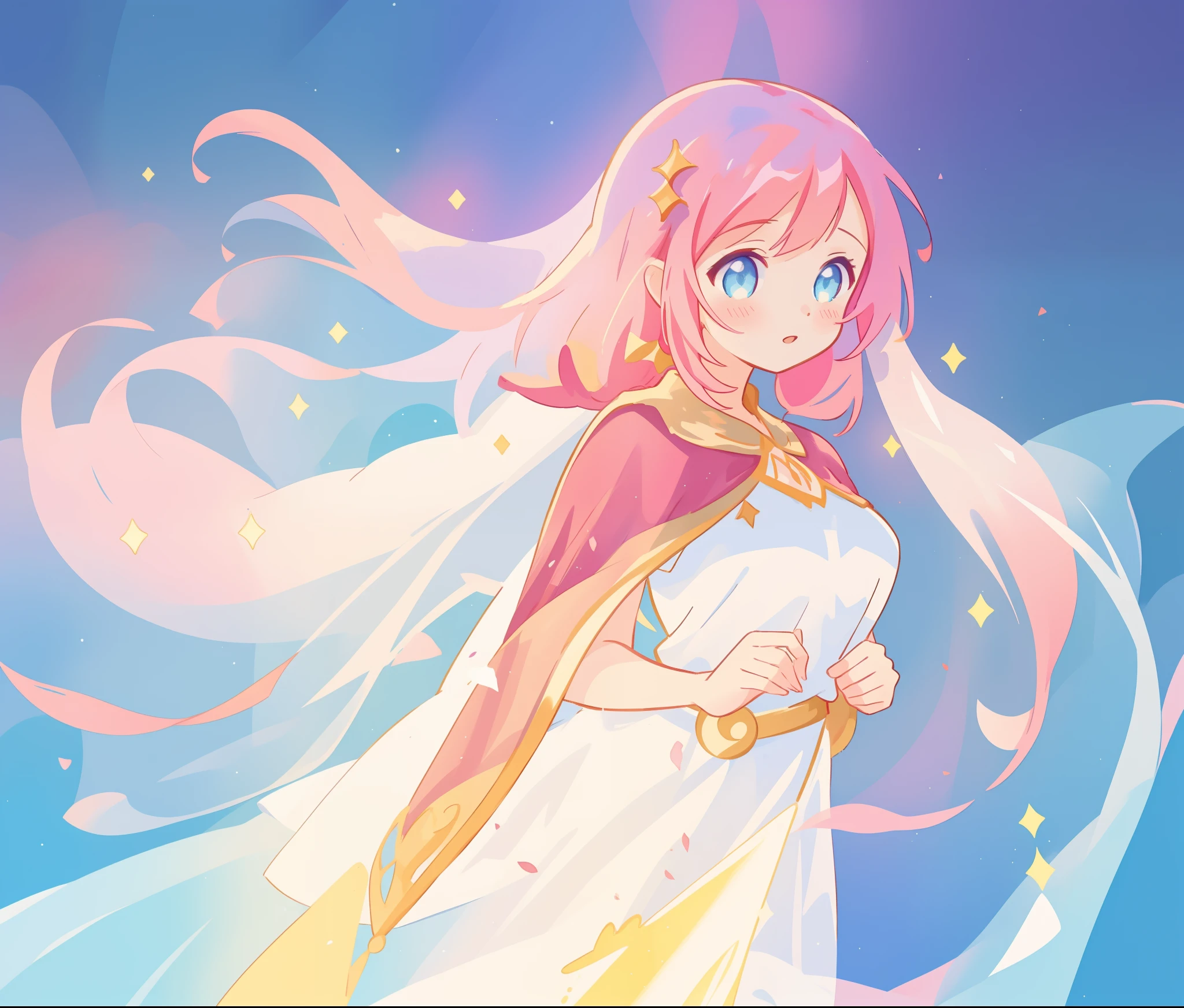 beautiful girl in white arabian two-piece dress, (arabian princess), (arabian dancer), (fantasy arabian dress), long colorful sparkling pink hair, watercolor illustration, Lois van Baarle, glowing aura around her, Glen Keane, jen bartel, glowing hair, beautiful digital illustration, fantasia background, beautiful, masterpiece, best quality, anime disney style, (detailed eyes), golden ratio, perfect composition