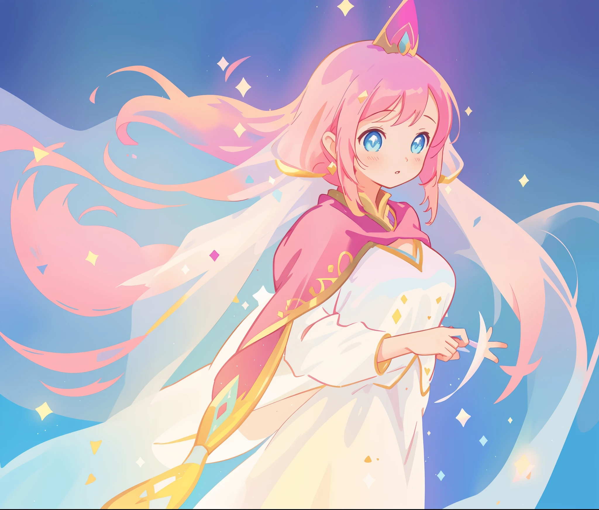 beautiful girl in white arabian two-piece dress, (arabian princess), (arabian dancer), (fantasy arabian dress), long colorful sparkling pink hair, watercolor illustration, Lois van Baarle, glowing aura around her, Glen Keane, jen bartel, glowing hair, beautiful digital illustration, fantasia background, beautiful, masterpiece, best quality, anime disney style, (detailed eyes), golden ratio, perfect composition
