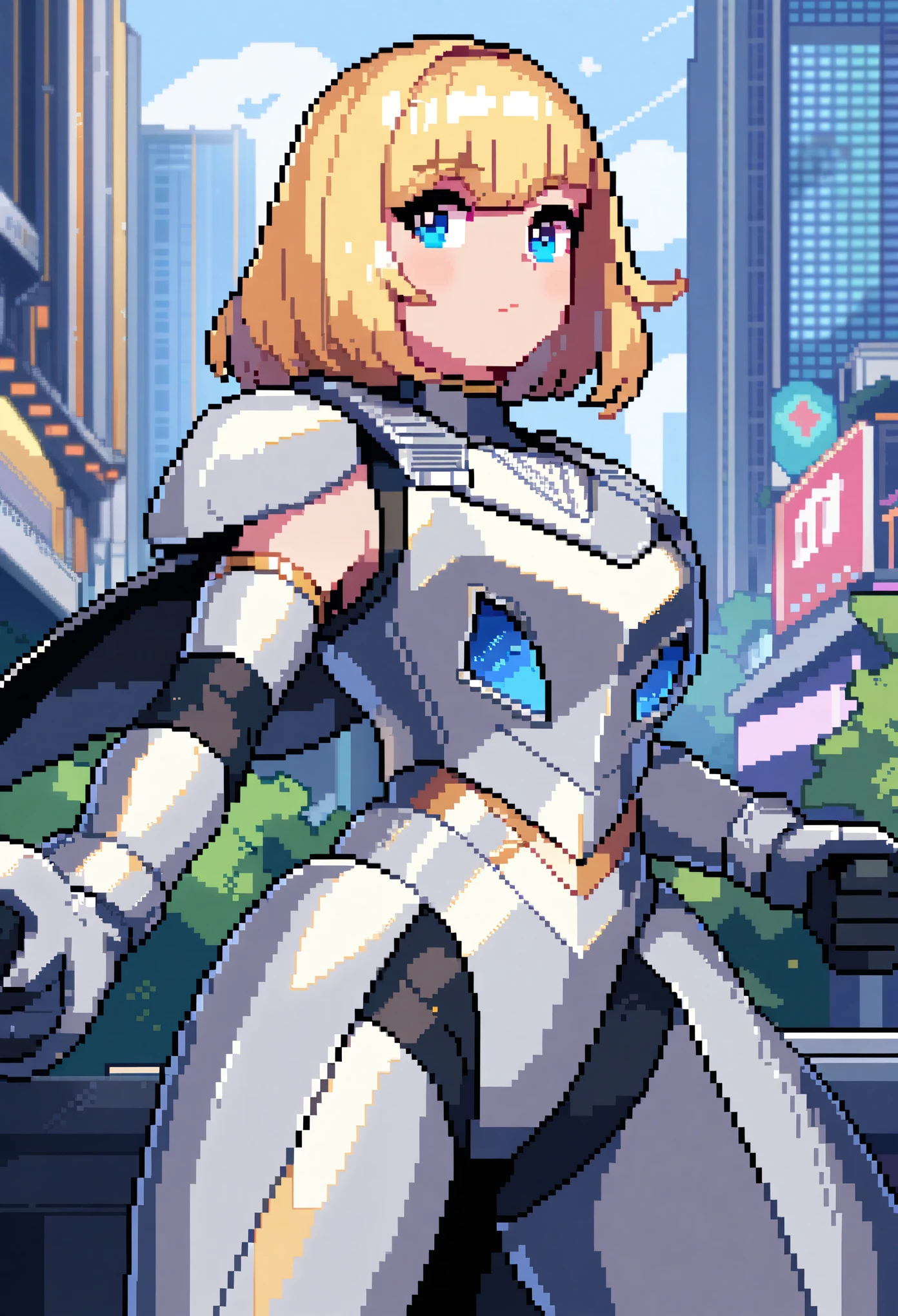 1female,original,blonde hair,blue eyes Silver Ranger, silverarmor, Silver Power Ranger, Black stripes, metallic clothes,Ultra HD,pixel art style, futuristic city background, depth of field,ultra-detailed,sharp focus,aesthetic,(best quality)