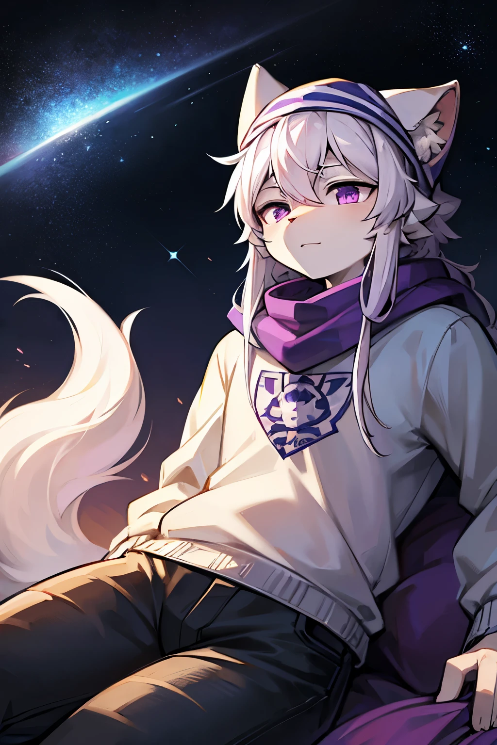 cat plush,Thunder Lion,hairy,furry,white long turban ,There is a five-pointed star pattern on the headscarf,headscarf flying,White sweatshirt,Black jeans with white stripes,Q version,Aloof,Handsome,Simple art style,Cartoon style,purple eyes,close one eye,Grape-colored hair on ears, white hair on ear tips,purple hair on back,hairy 蓬松的猫尾,Big tail pink tail tip white,Surrounded by thunder and lightning,Blue Space,spaceship