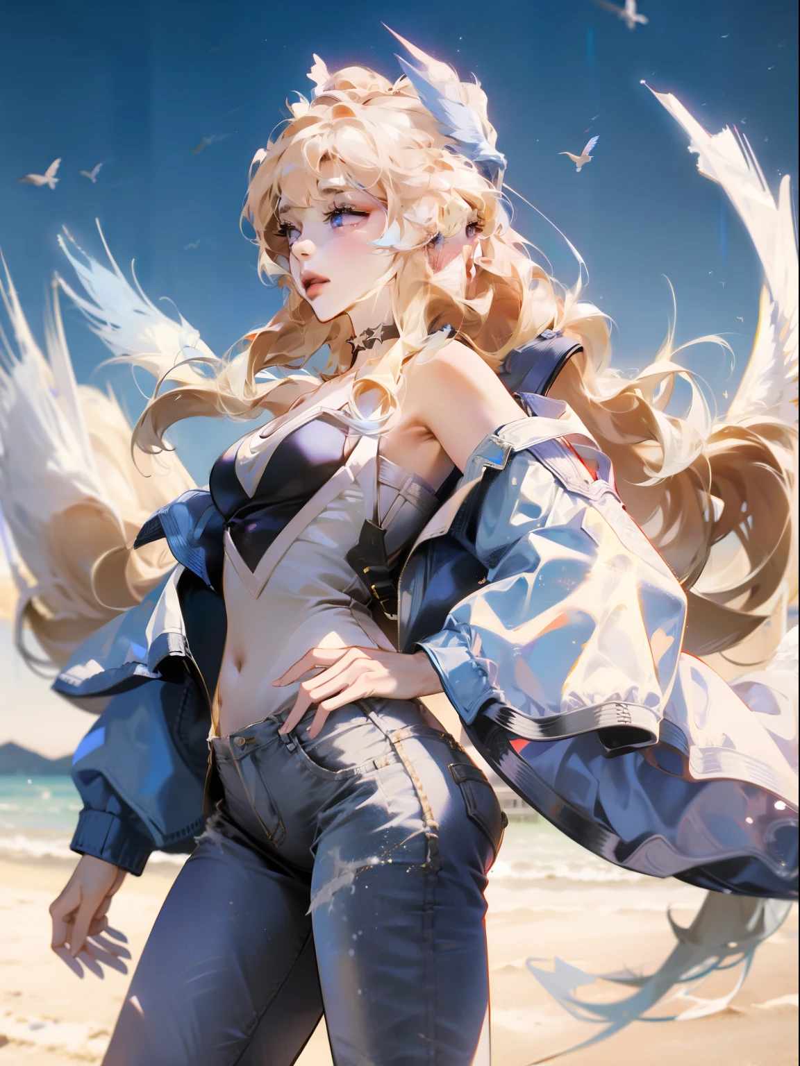 1girl, medium breasts, blonde hair, long hair, wavy hair, grey eyes, white feathered wings, angel, outdoors, white jacket, choker, tank top, jeans,Dynamic sense,Offensive state