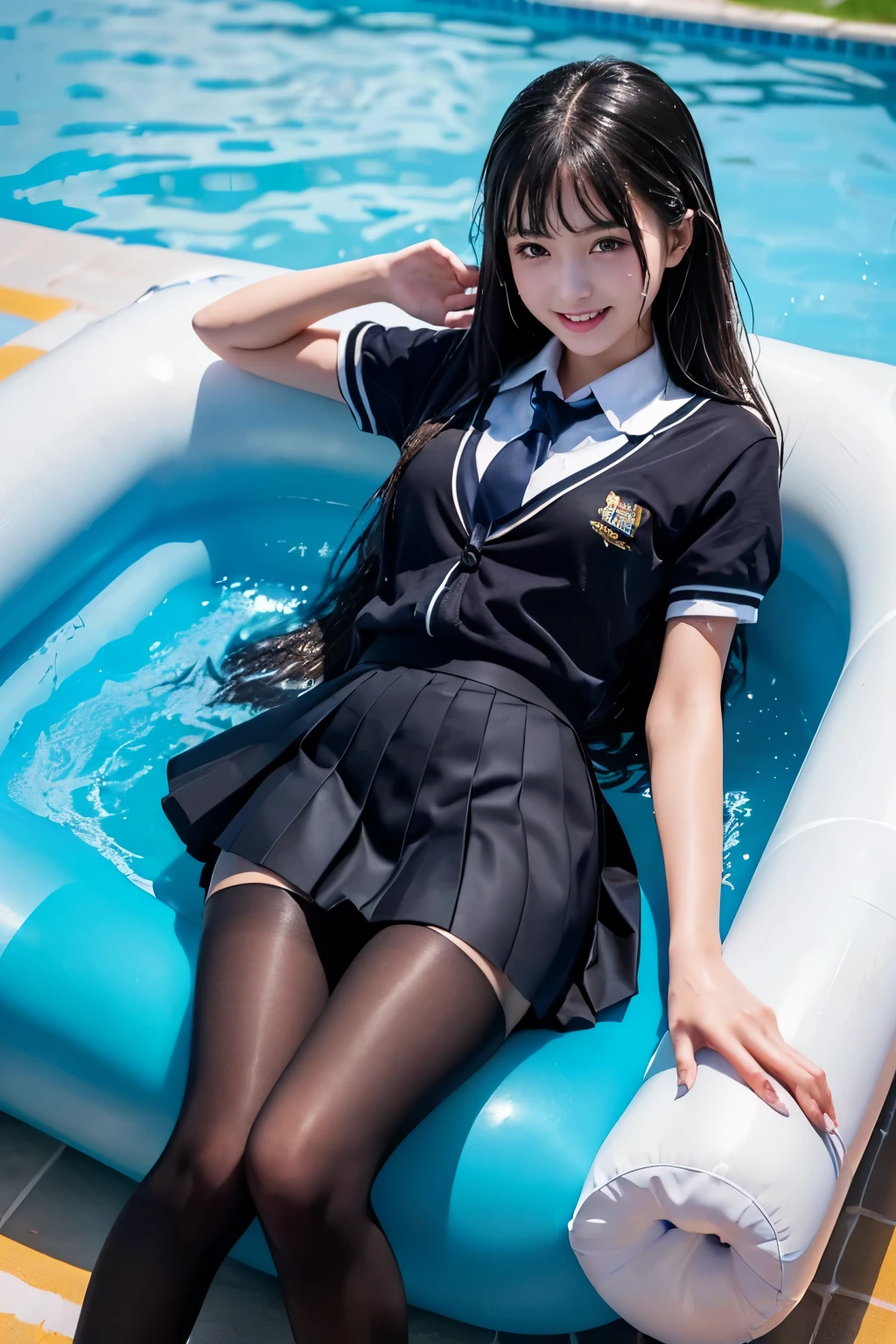 (((Beautiful girl in her school uniform riding a large float floating in the pool)))、(((wet 、wet super long hair、Wet hair、pleated skirt、Black pantyhose)))、smile、( absurdly,high quality , Super detailed)、(See photographer )、water droplets、(((cute pose)))