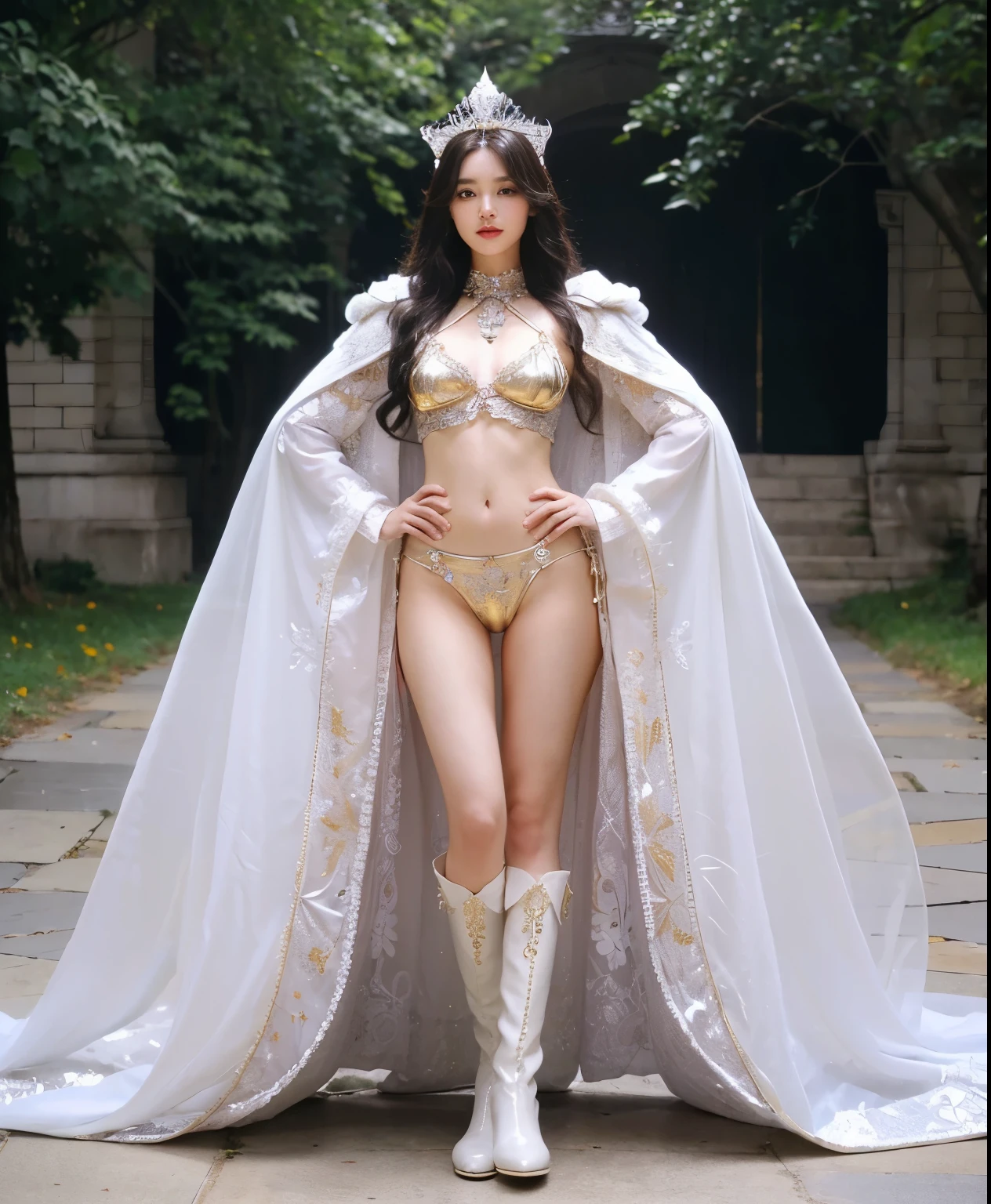 beautiful and delicate woman,The eyes and face are very detailed, exquisite eyes, super detailed, High resolution, The content is very detailed,best quality,EnLightenment,unity,8k wallpaper,masterpiece,best quality,imagine,1 girl,Wear sexy platinum bikini armor,high cut underwear, Armor patterned metallic style golden priest cloak,priest hat,standing posture,long legs,Wear pink and white gold boots,look at the audience,facing the audience,flowing long hair,Surreal 8000g,Impeccable,masterpiece,professional artwork,famous artwork,Light,movie bloom,perfect face,pretty face,fantasy,Dreamy and magical,not real,intricate details,Exquisite pattern…Korean woman’s face