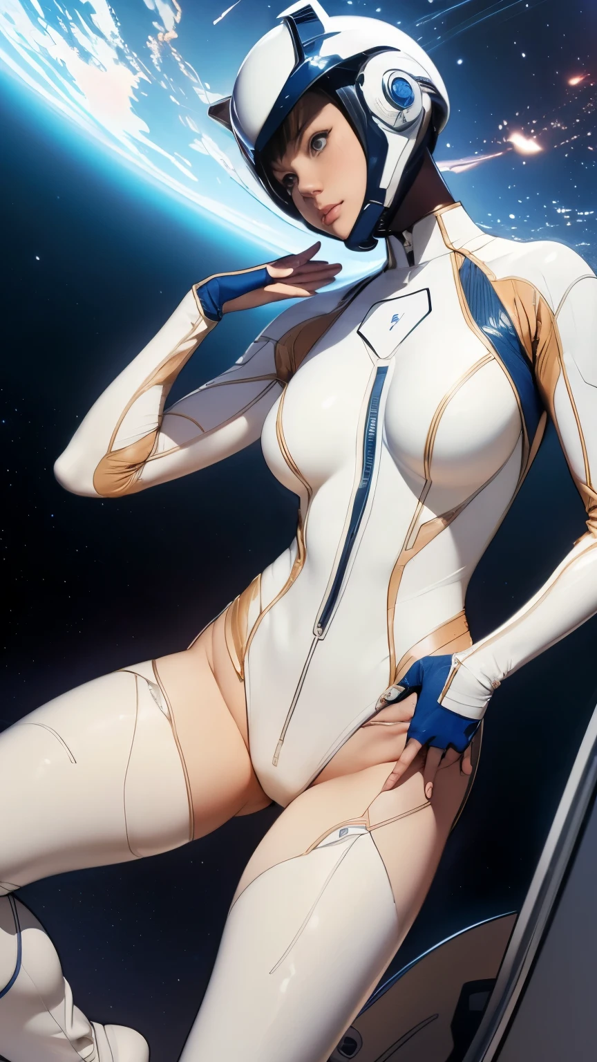 (masterpiece、highest quality、highest resolution、clear_image、Detailed details): (full body figure、15 year old girl、Japanese face、small face、thin、navy blue super short bob cut hair、blue colored eyes、((navy long sleeve space suit、space helmet))、headset、cosmic handbag、cute type、gentle smile、soft expression、headset、(((knee high boots)))、gloves up to the elbow、eye level shot、face directly、woman on a spaceship), (((camel toe))), ((Pure white leotard))