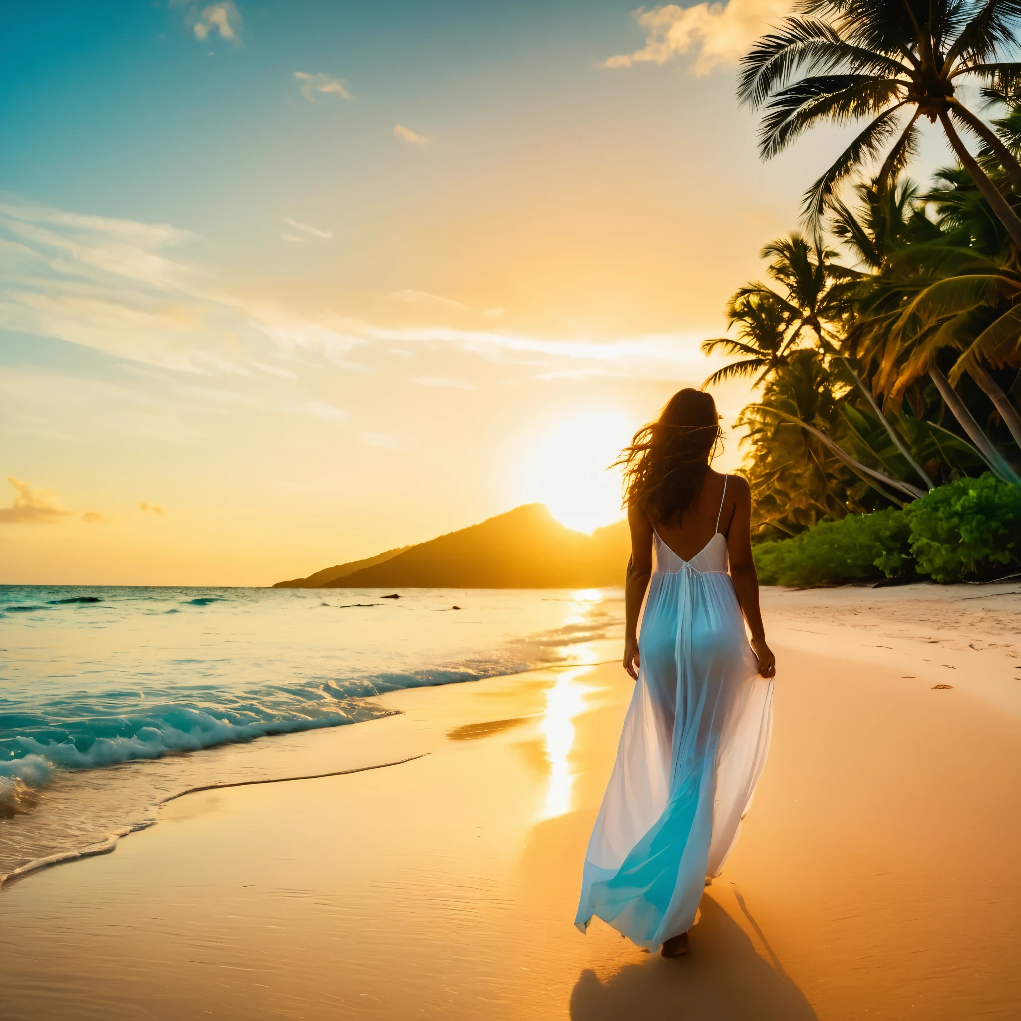 A breathtaking, environmental photoshoot featuring a beautiful woman in a flowing, white dress, walking along a pristine, golden sand beach at sunset. Ultra-high definition, 8K resolution, with warm, glowing light and a lush, tropical backdrop of swaying palm trees and turquoise waters. Shot with a wide-angle lens to capture the expansive beauty of the beach and the woman's serene, contemplative mood.