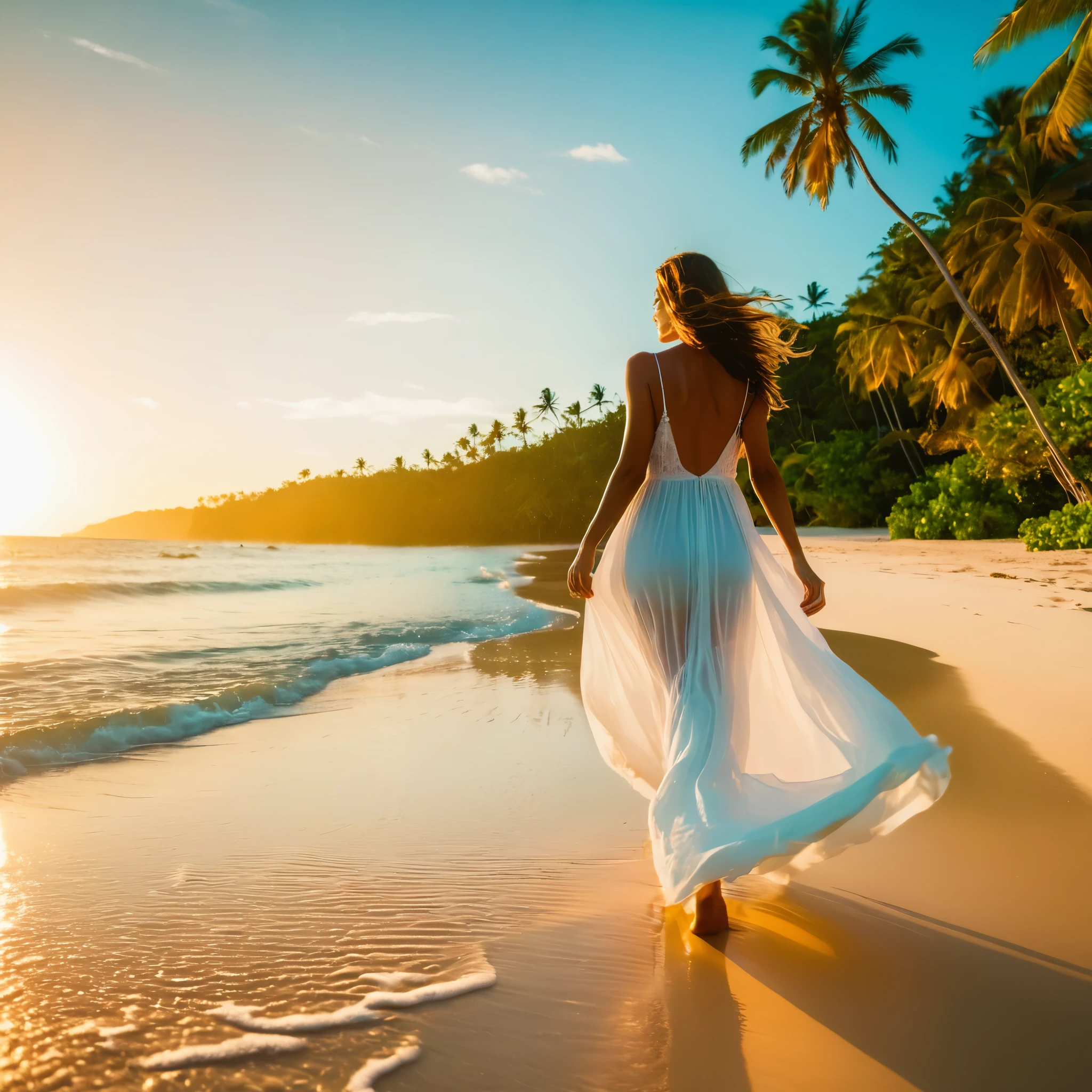 A breathtaking, environmental photoshoot featuring a beautiful woman in a flowing, white dress, walking along a pristine, golden sand beach at sunset. Ultra-high definition, 8K resolution, with warm, glowing light and a lush, tropical backdrop of swaying palm trees and turquoise waters. Shot with a wide-angle lens to capture the expansive beauty of the beach and the woman's serene, contemplative mood.
