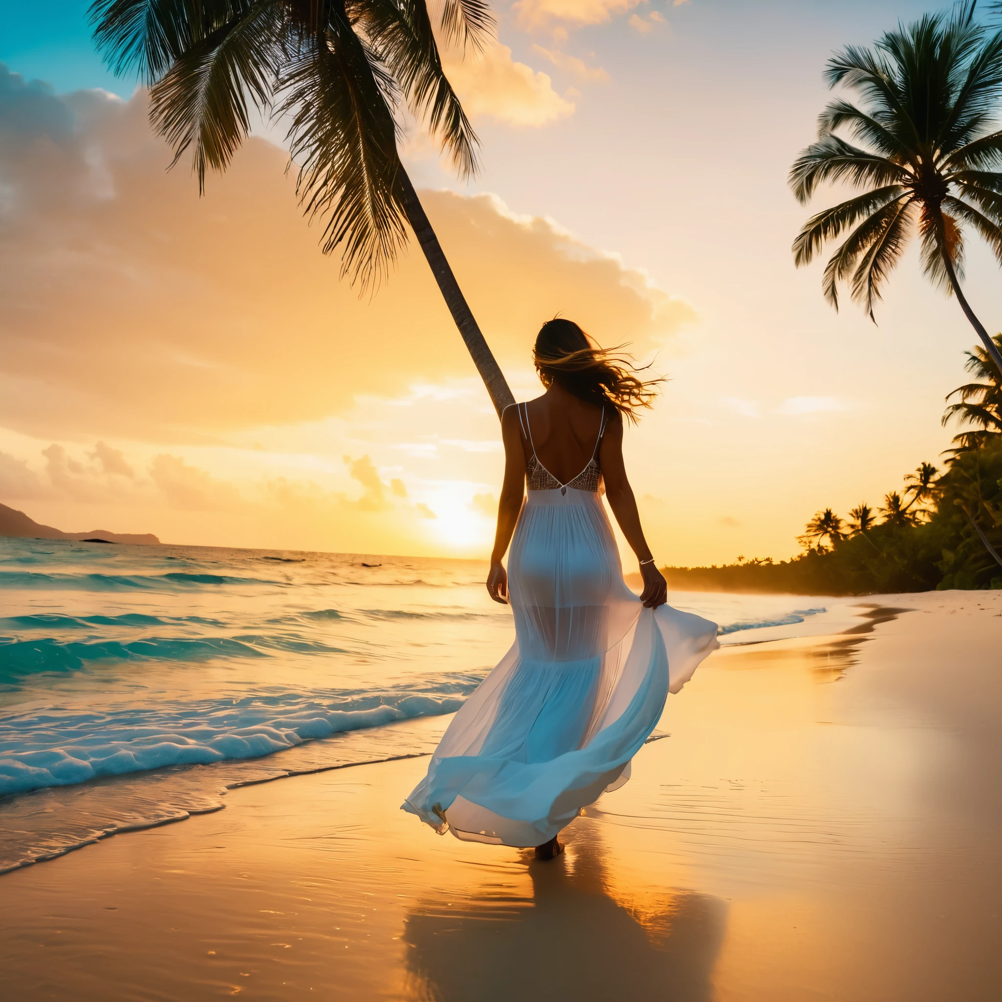 A breathtaking, environmental photoshoot featuring a beautiful woman in a flowing, white dress, walking along a pristine, golden sand beach at sunset. Ultra-high definition, 8K resolution, with warm, glowing light and a lush, tropical backdrop of swaying palm trees and turquoise waters. Shot with a wide-angle lens to capture the expansive beauty of the beach and the woman's serene, contemplative mood.