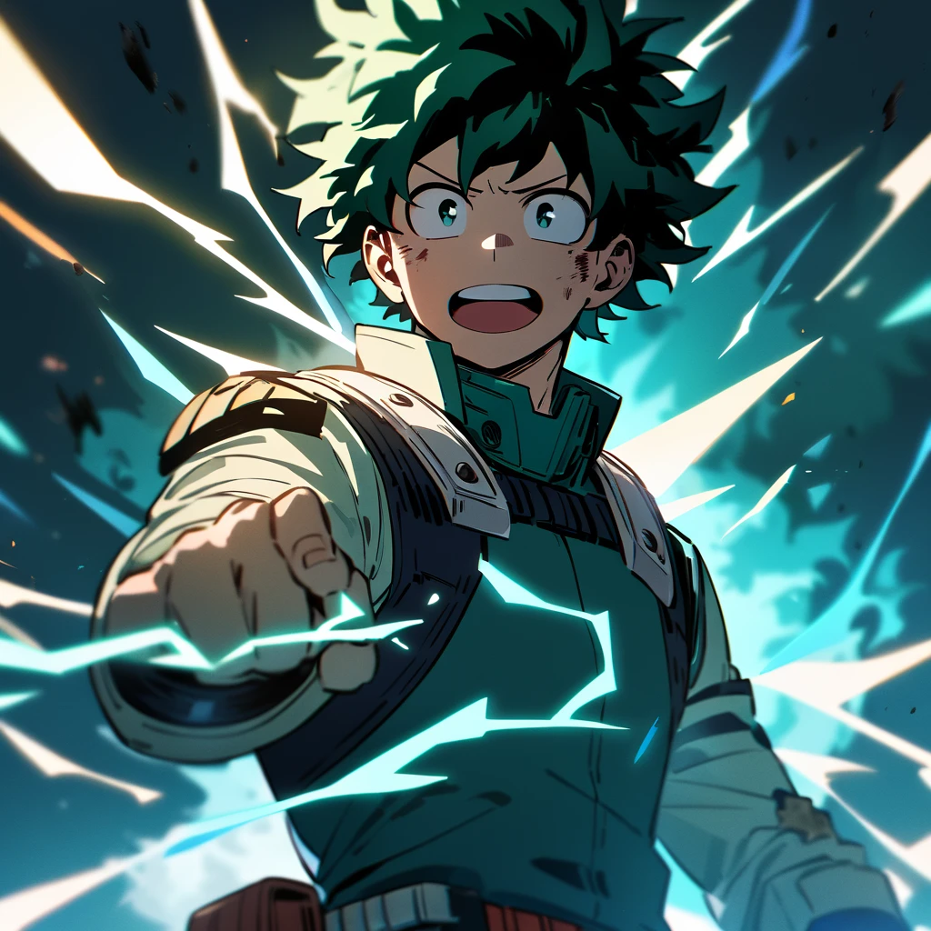 A boy, male protagonist, Izuku Midoriya, My Hero Academia, injured, electricity, masterpiece, best quality, visually stunning, 8K, cinematic lighting