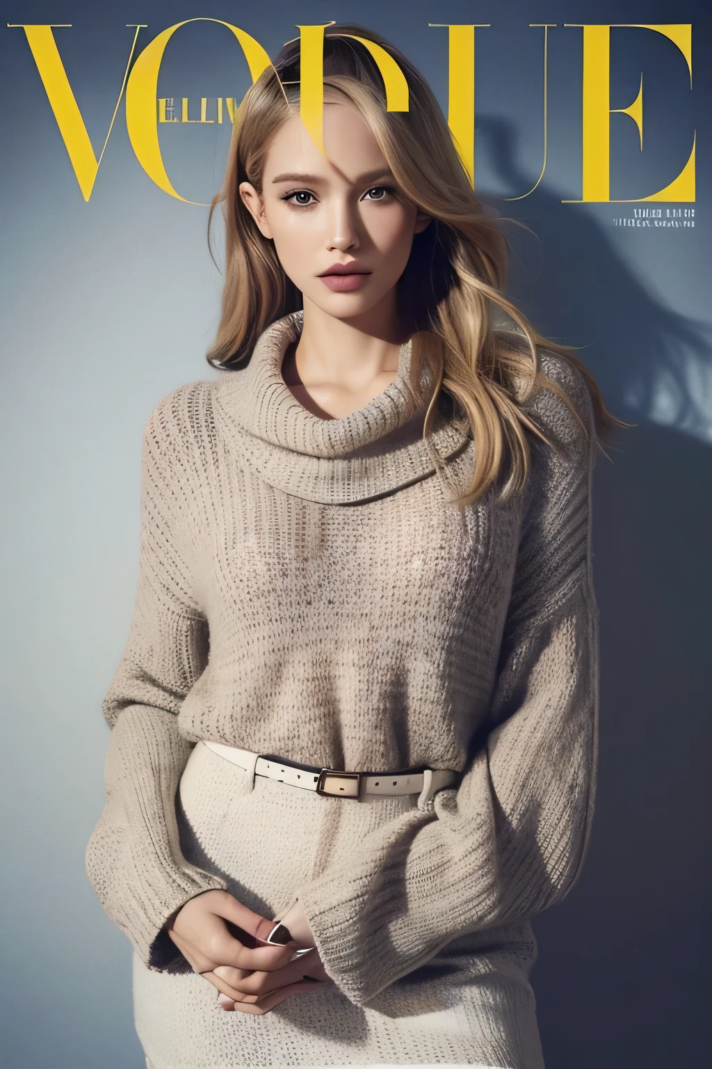 Magazine cover,a woman in a sweater on the cover of a Magazine, elle Magazine, cover. photo : david roemer, cover shot, Eva elf, Magazine cover, fashion Magazine cover, editorial, cover girl, cover Magazine, Magazine, fashion Magazine photography, fashion Magazines, fashion Magazine, award - winning Magazine cover, author:Daniel Lisk, official vogue editorial