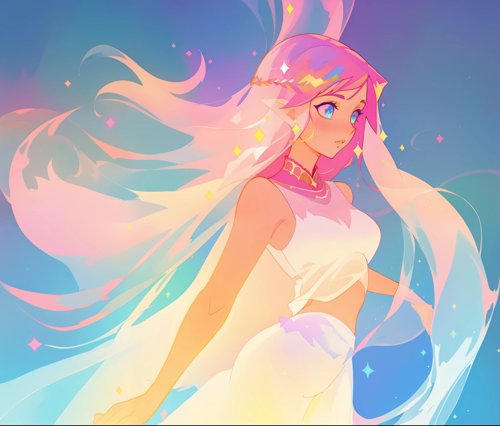 beautiful girl in white arabian two-piece dress, (arabian princess), (arabian dancer), (fantasy arabian dress), long colorful sparkling pink hair, watercolor illustration, Lois van Baarle, glowing aura around her, Glen Keane, jen bartel, glowing hair, beautiful digital illustration, fantasia background, beautiful, masterpiece, best quality, anime disney style, (detailed eyes), golden ratio, perfect composition