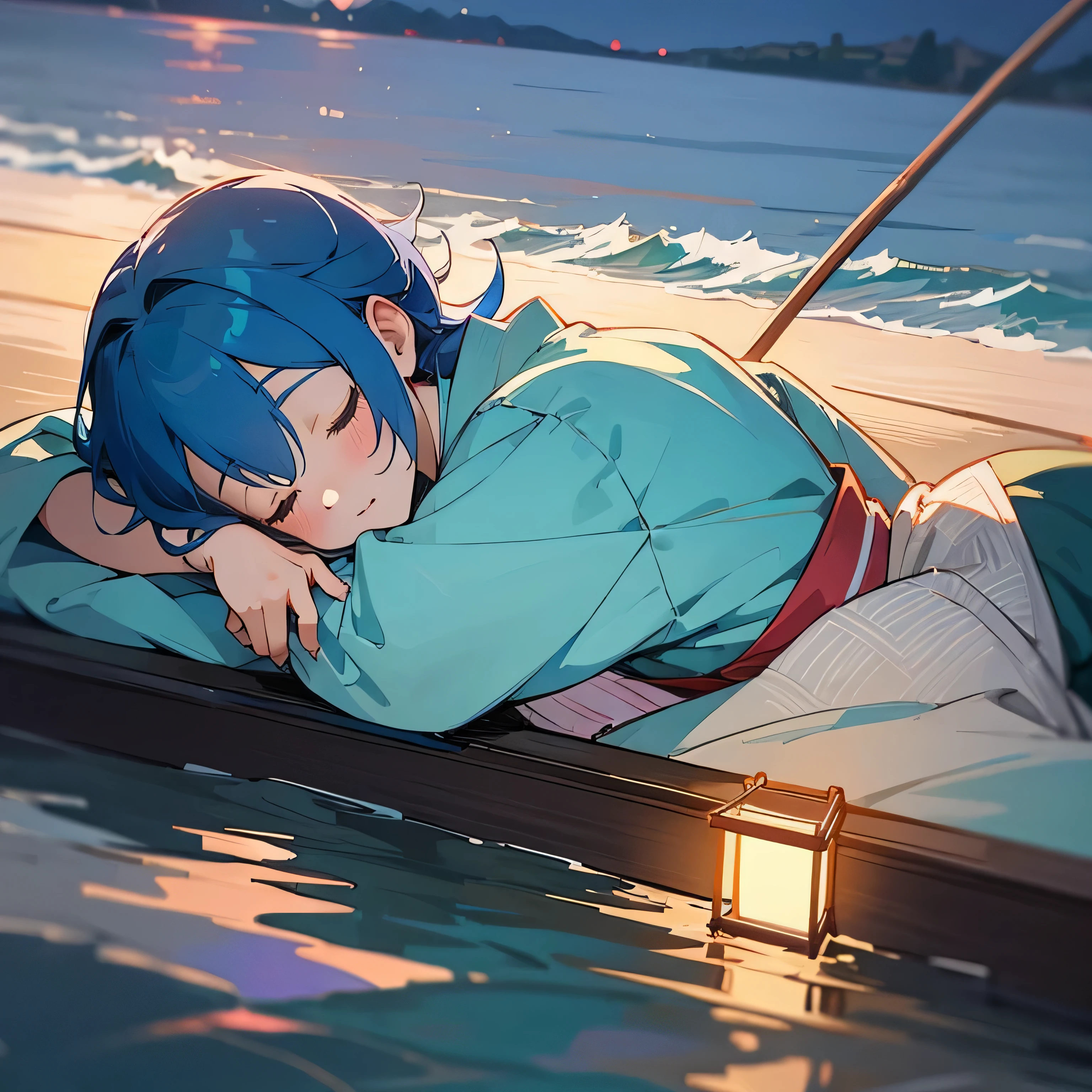 anime style、pastel tones、A young fisherman wearing a kimono is sleeping、close up face、landscape of folk tales、that'midnight、The moonlight is shining、green、hair tied with string、seaside、