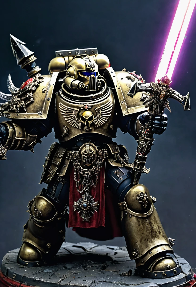 A chaos space marine, in warhammer 40k, has broken into a holy reliquary and reaches for the (Luminous chain sword) the only lights are the sword and indicators on the marine