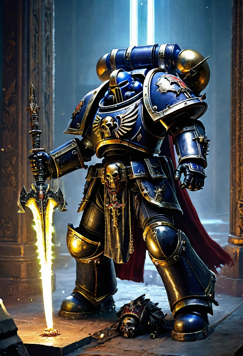 A chaos space marine, in warhammer 40k, has broken into a holy reliquary and reaches for the (Luminous chain sword) the only lights are the sword and indicators on the marine