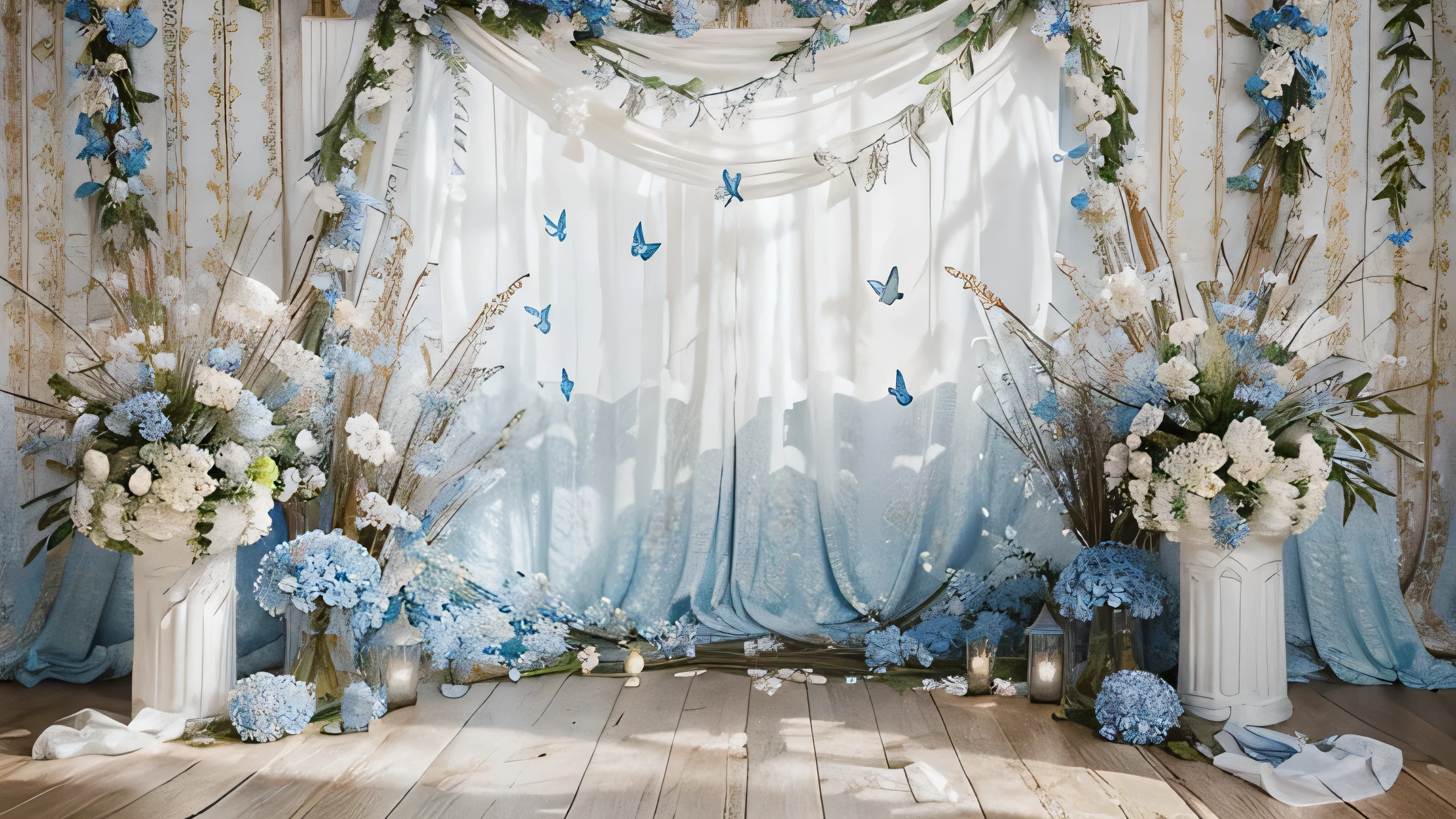 hay muchas flores blancas y azules en jarrones frente a una pared, flores y mariposas, awesome arcane backdrop, Fondo de pintura de estilo barroco, hermosa estetica design, dreamy and detailed, Bosque con flores azules, ornate backdrop, hermosa estetica, Flores elegantes, Fondo pintado floral, ambiente floral, Mariposas azules brillantes, ornate backdrop e intrincado, magnificent background