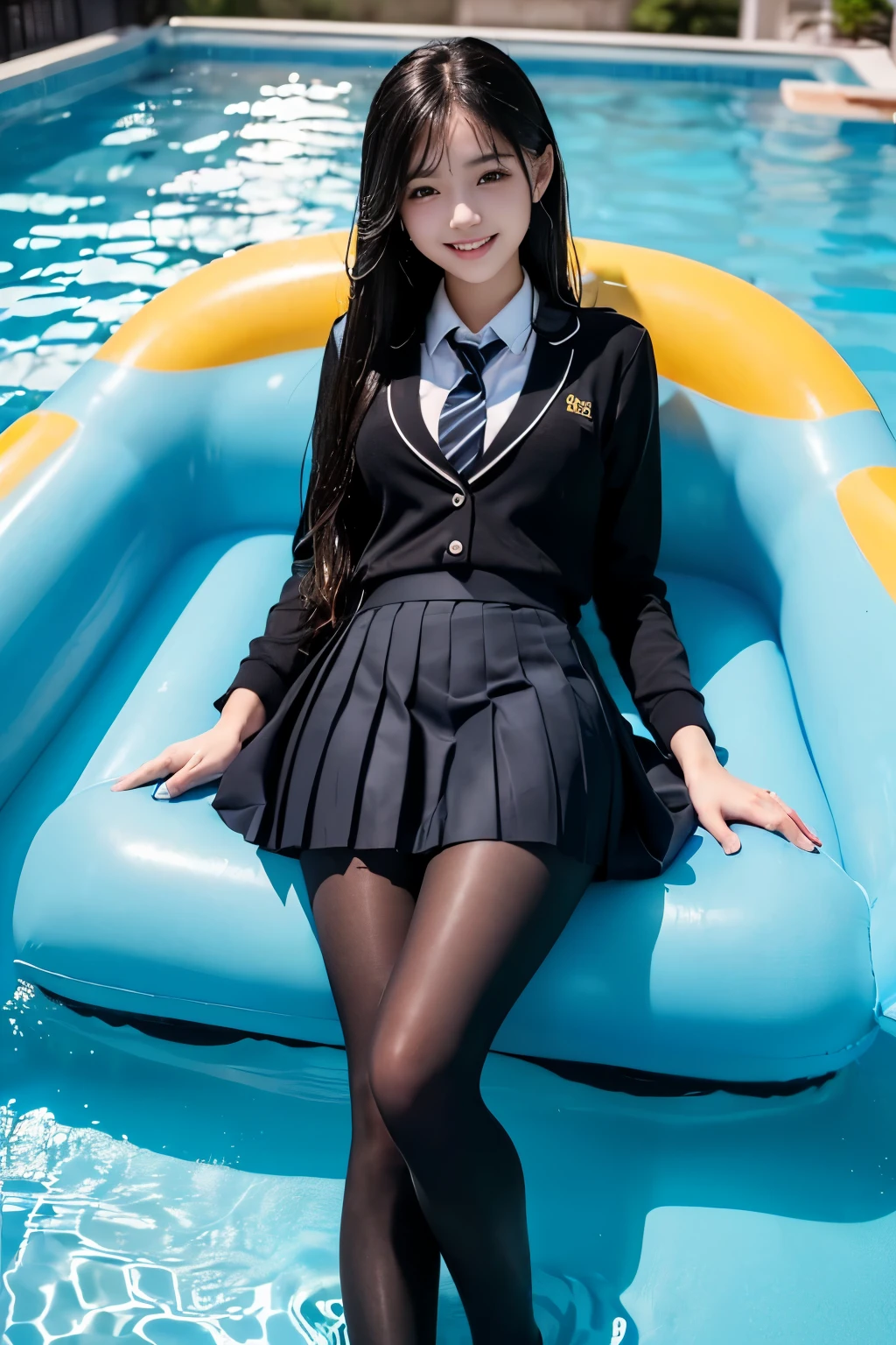 (((Beautiful girl in her school uniform riding a large float floating in the pool)))、(((wet 、wet super long hair、Wet hair、pleated skirt、Black pantyhose)))、smile、( absurdly,high quality , Super detailed)、(See photographer )、water droplets、(((cute pose)))