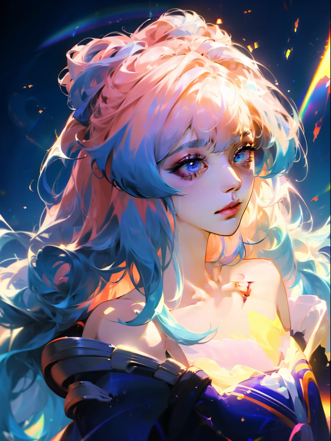 {{masterpiece}}, best quality, extremely detailed CG unity 8k wallpaper, cinematic lighting, lens flare, beautiful detail eyes, black,  side glance,  multicolor hair, colorful light, particles, heterochromia, (colorful:1.5), (colorful hair:1.5),