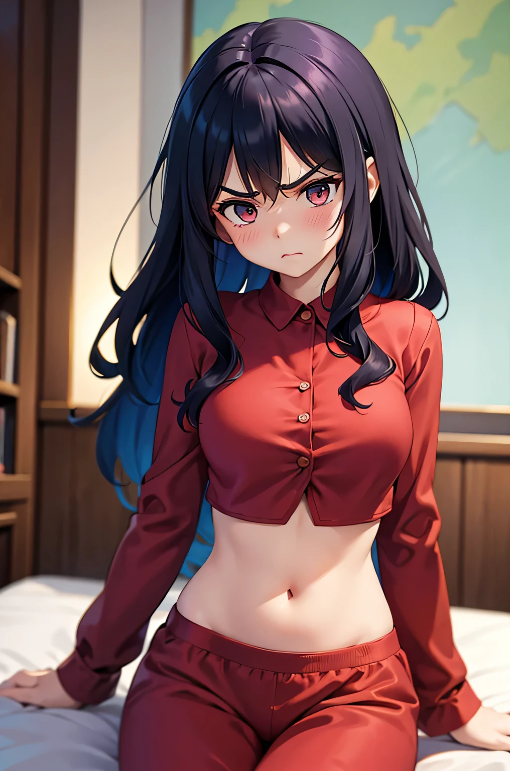 super fine illustration, vibrant colors, masterpiece, sharp focus, best quality, depth of field, cinematic lighting, ultra detailed, crop top, pajamas, long sleeves, 1 woman, solo, milf, bedroom, very messy hair, mature face, blush, annoyed, medium breasts, looking down, navel, midriff, v-shaped eyebrows