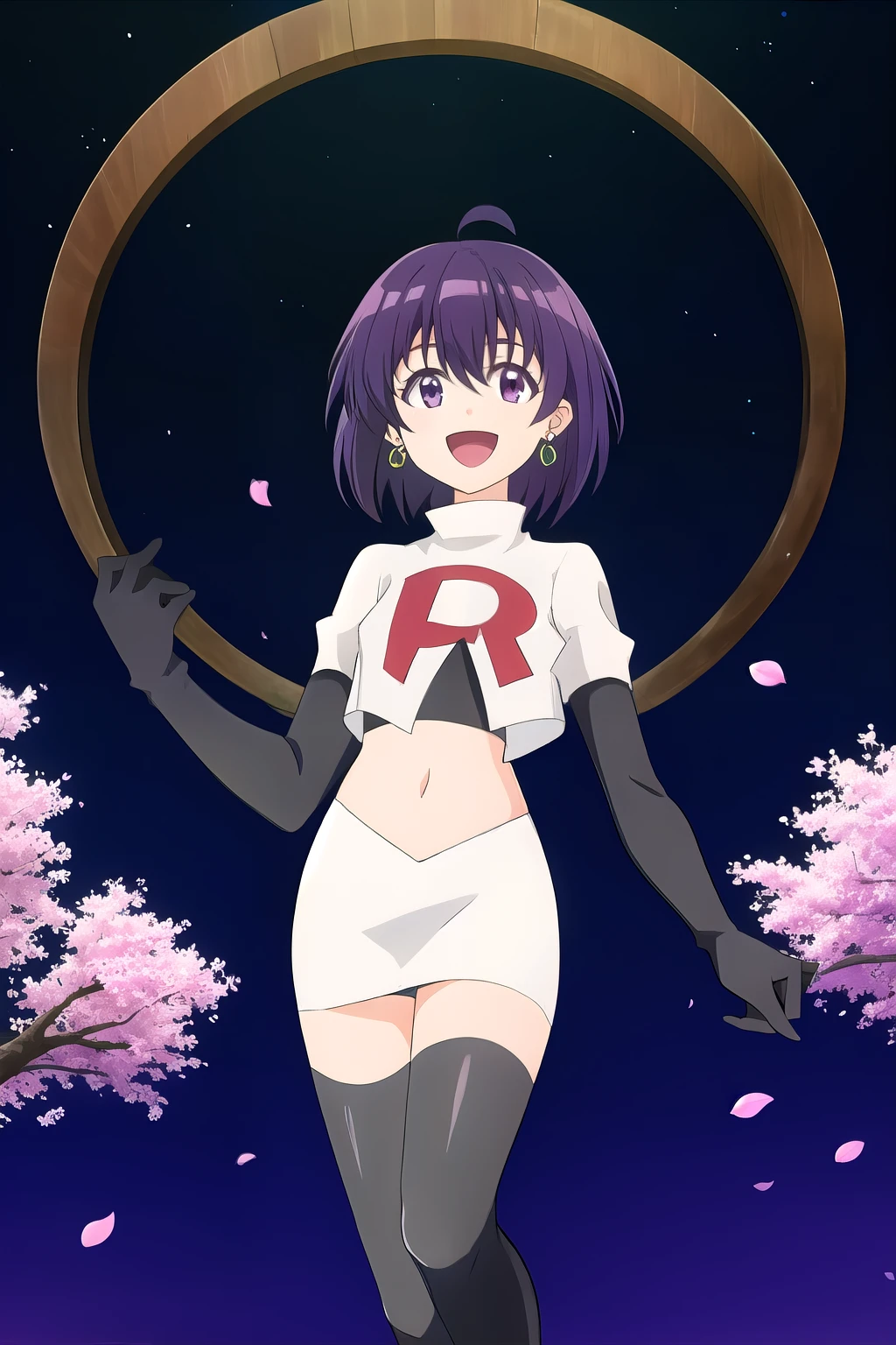 maple, 1girl, solo, long_hair, looking_at_viewer, short_hair, bangs, black_hair, hair_between_eyes, jewelry, very_long_hair, purple_eyes, purple_hair, ahoge, :d, sidelocks, earrings, outdoors, sky, shiny, shiny_hair, flat_chest, dated, tree, petals, night, floating_hair, cherry_blossoms, short_hair_with_long_locks,team rocket,team rocket uniform, red letter R, white skirt,white crop top,black thigh-highs,black elbow gloves