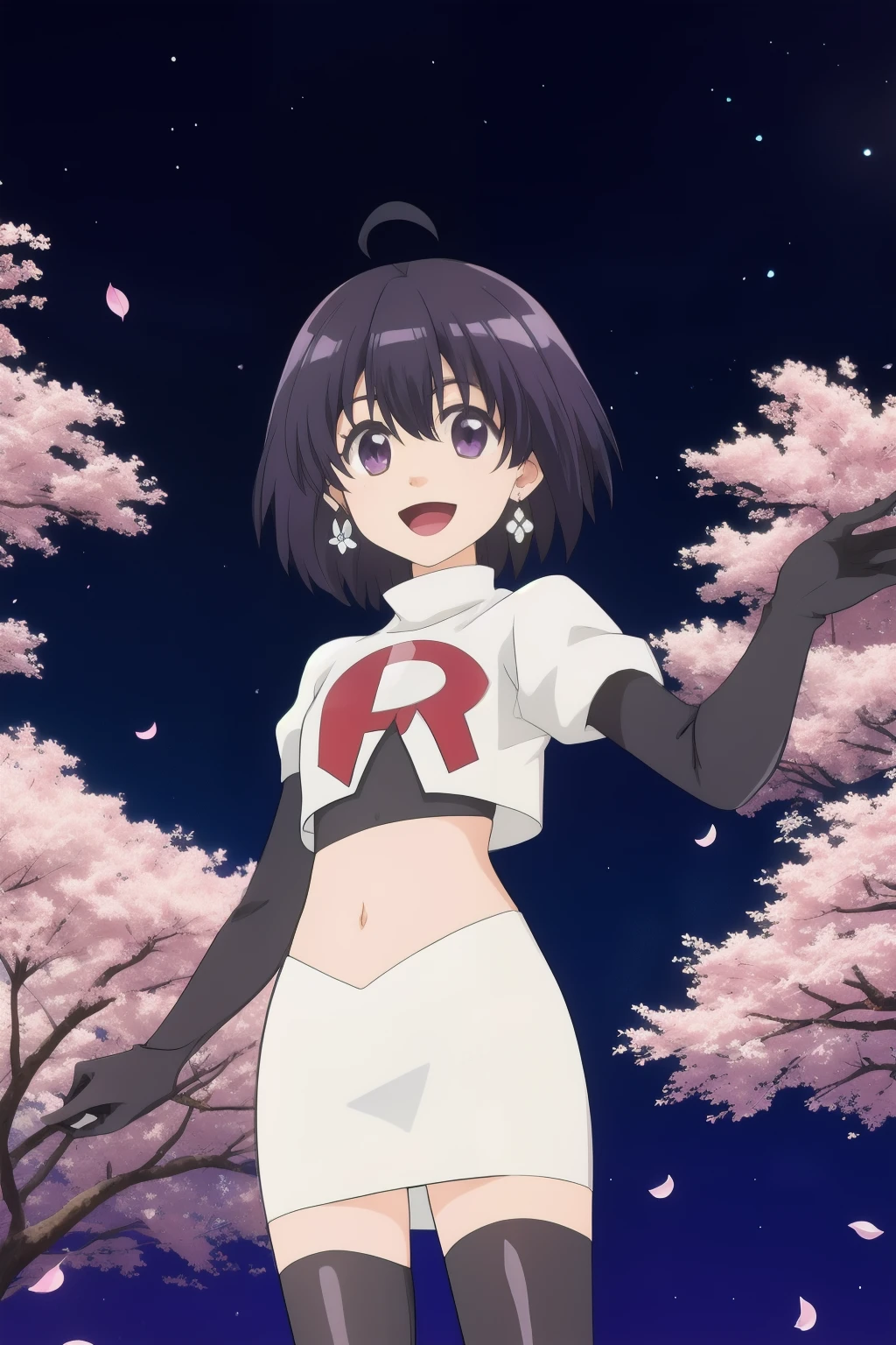 maple, 1girl, solo, long_hair, looking_at_viewer, short_hair, bangs, black_hair, hair_between_eyes, jewelry, very_long_hair, purple_eyes, purple_hair, ahoge, :d, sidelocks, earrings, outdoors, sky, shiny, shiny_hair, flat_chest, dated, tree, petals, night, floating_hair, cherry_blossoms, short_hair_with_long_locks,team rocket,team rocket uniform, red letter R, white skirt,white crop top,black thigh-highs,black elbow gloves