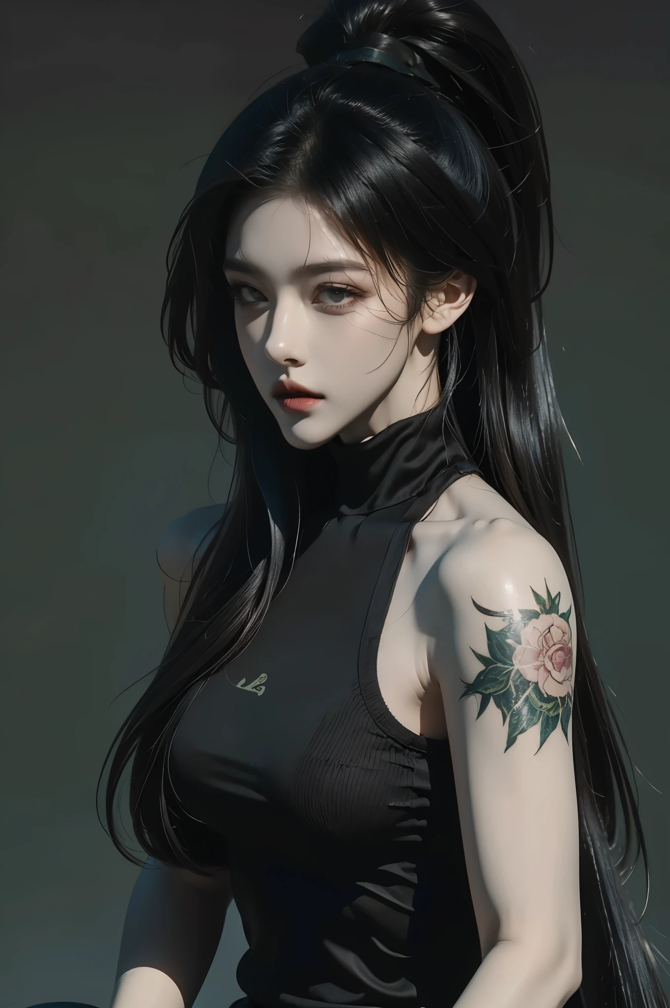 lifelike, high resolution,League of Legends，Akali，high ponytail,high resolution,Original picture，shoulder tattoo，rich background，game design，Filter，dark void，Hollow，light and shadow art，Texture，wallpaper，Character details HD，model effect。background forest，Battle wind。