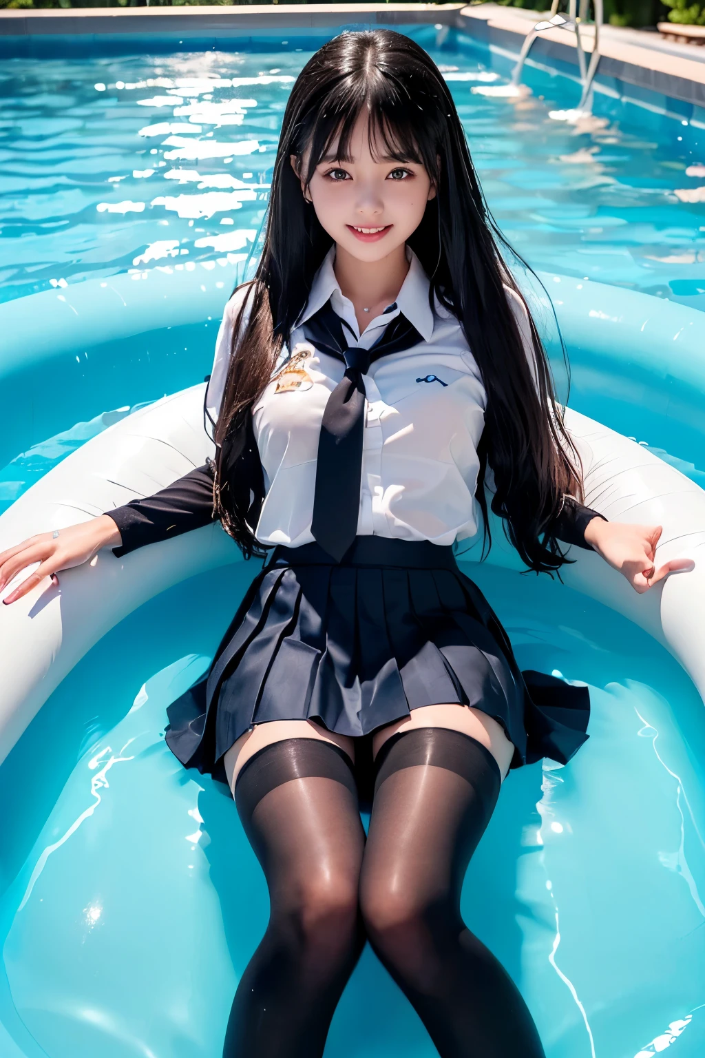 (((Beautiful girl in her school uniform riding a large float floating in the pool)))、(((wet 、wet super long hair、Wet hair、pleated skirt、Black pantyhose)))、smile、( absurdly,high quality , Super detailed)、(See photographer )、water droplets、(((cute pose)))