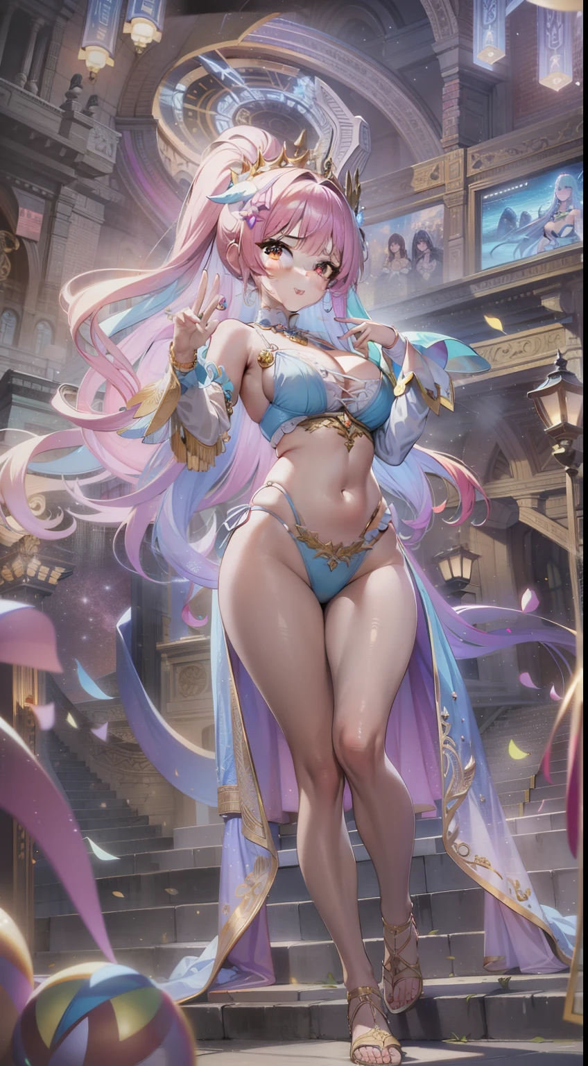 ((Masterpiece)), best quality, absurderes, ultra detailed, 8k, dynamic pose, super complex details, intricate details, holographic, cowboy shot, golden ratio, super cute girl, neon aura, delicate and beautiful face, mature girl, super beautiful asian girl with super beautiful glowing eyes, super beautiful glowing multicolored hair, nice and sexy body, slim body, perfect body, wearing magical lingerie, celestial hair ornament, in a marshmallow world