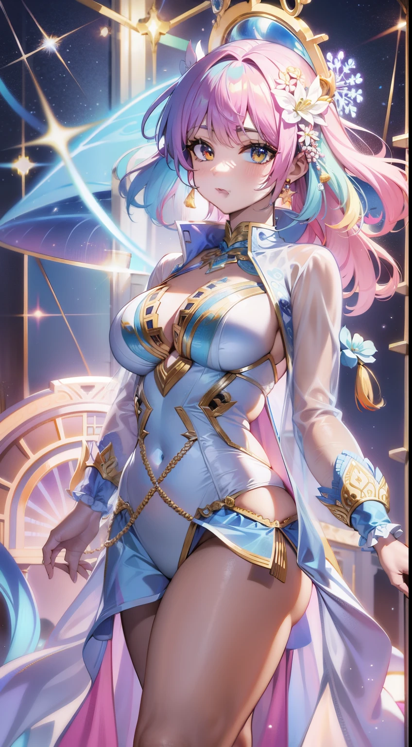 ((Masterpiece)), best quality, absurderes, ultra detailed, 8k, dynamic pose, super complex details, intricate details, holographic, cowboy shot, golden ratio, super cute girl, neon aura, delicate and beautiful face, mature girl, super beautiful asian girl with super beautiful glowing eyes, super beautiful glowing multicolored hair, nice and sexy body, slim body, perfect body, wearing magical lingerie, celestial hair ornament, in a marshmallow world