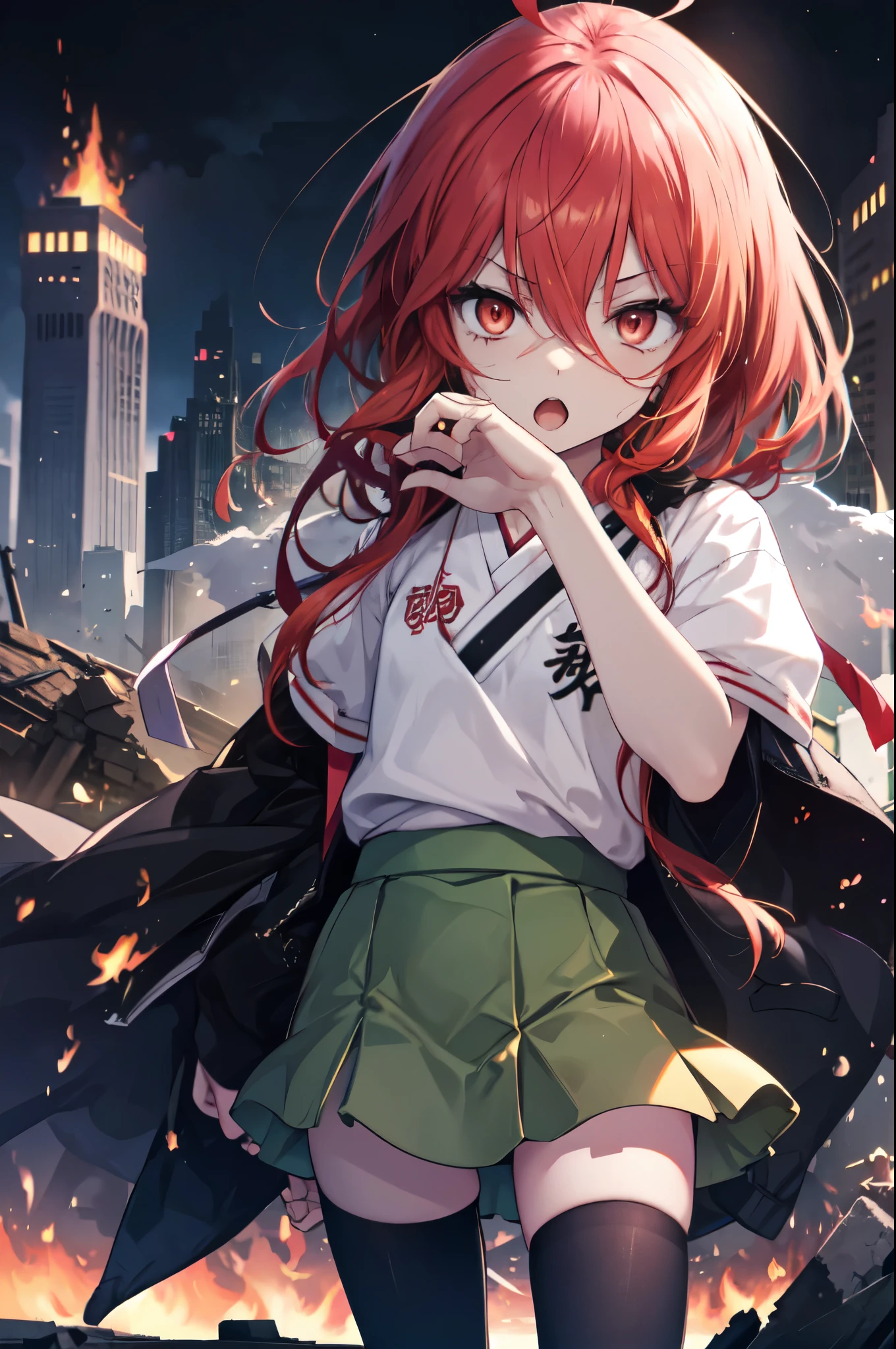 1 girl, cowboy shot, rubble ruins, anger, (battle preparation:1.2), open your mouth, (night:1.2), explosive inflammation,shana, red eyes, redhead, very long hair, hair between eyes, (Ahoge:1.1), explosive flame,abandoned building,rubble serafuku, white shirt, short sleeve, green skirt, Thighhighs, Black Rider Suit,In his left hand he holds a Japanese sword wrapped in flames..,While wiping your mouth with your right hand,highest quality, masterpiece, High resolution, 