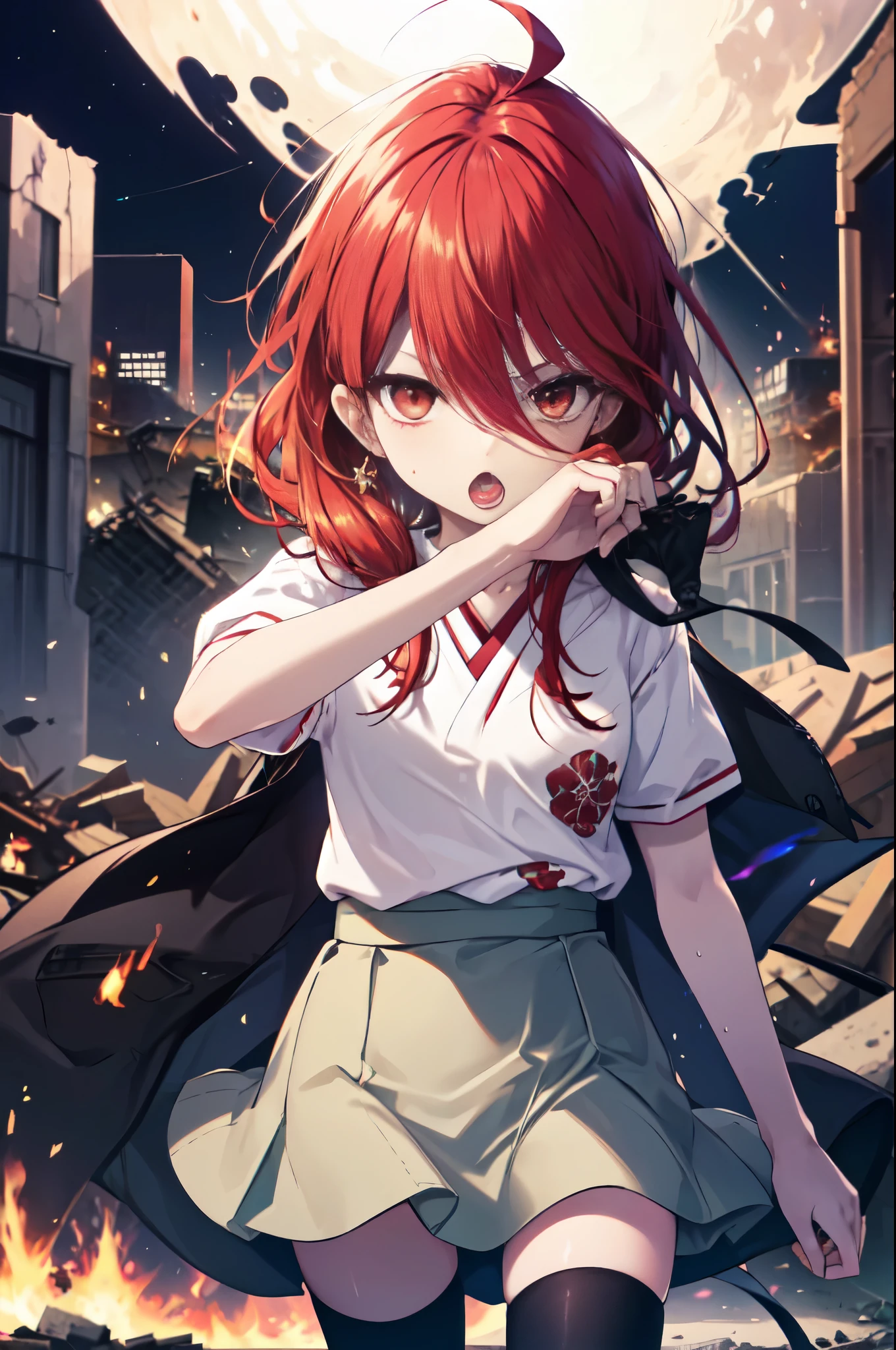 1 girl, cowboy shot, rubble ruins, anger, (battle preparation:1.2), open your mouth, (night:1.2), explosive inflammation,shana, red eyes, redhead, very long hair, hair between eyes, (Ahoge:1.1), explosive flame,abandoned building,rubble serafuku, white shirt, short sleeve, green skirt, Thighhighs, Black Rider Suit,In his left hand he holds a Japanese sword wrapped in flames..,While wiping your mouth with your right hand,highest quality, masterpiece, High resolution, 