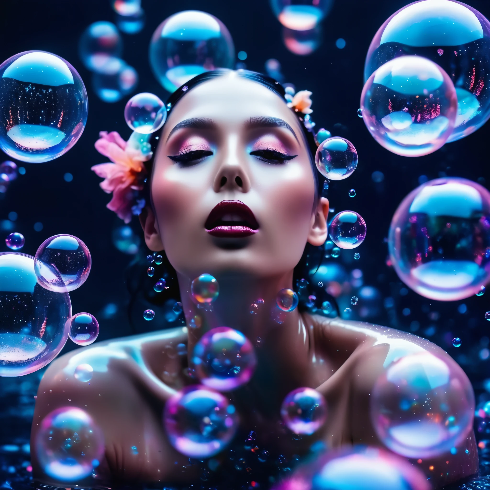 An imaginative, surreal photoshoot featuring a beautiful woman with porcelain skin and avant-garde fashion, floating in a sea of iridescent bubbles against a dark, starry background. Hyper-detailed, 4K resolution, with bold, contrasting colors and unexpected elements like oversized, translucent flowers and glowing, geometric shapes. Shot with a wide-angle lens for a sense of vastness and wonder.