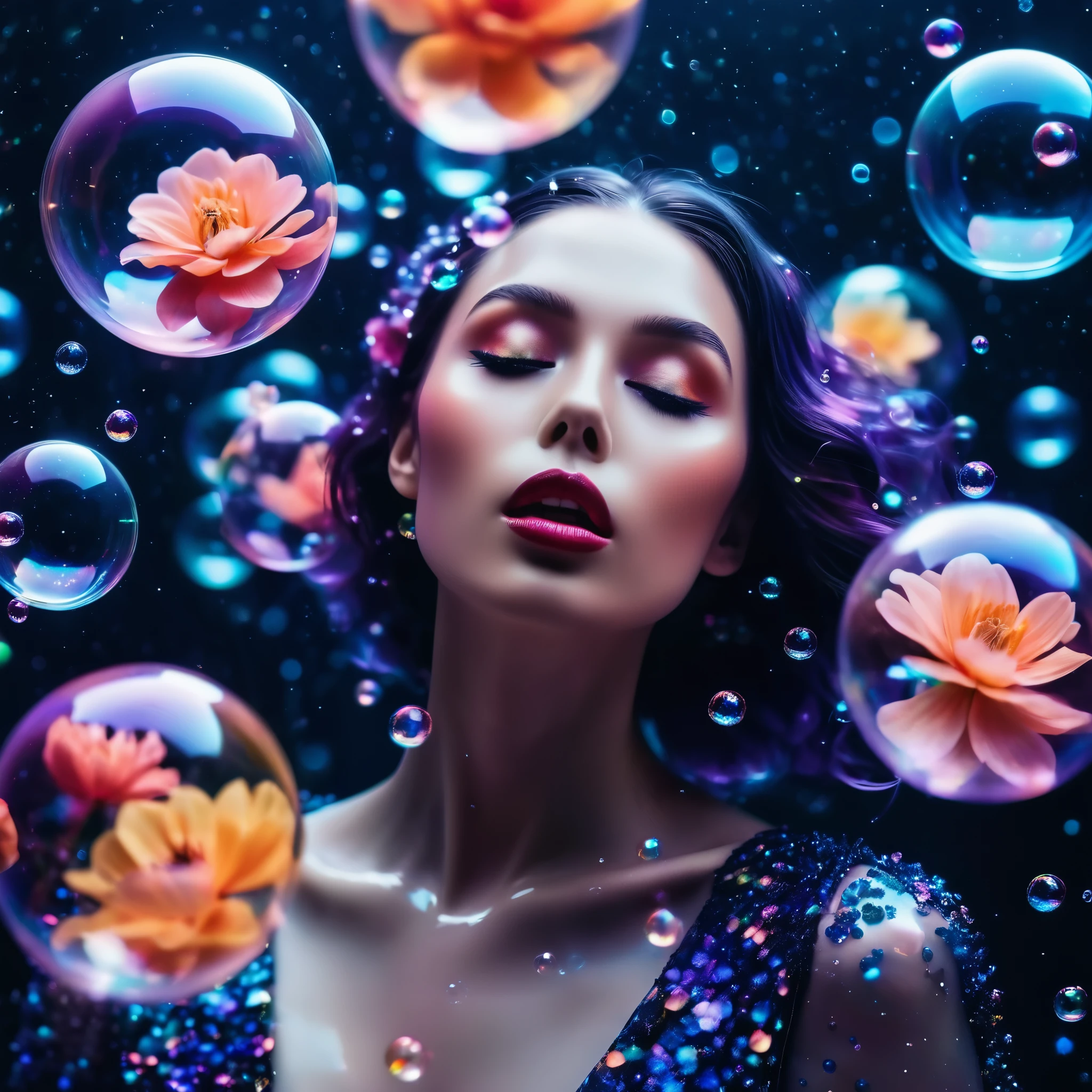 An imaginative, surreal photoshoot featuring a beautiful woman with porcelain skin and avant-garde fashion, floating in a sea of iridescent bubbles against a dark, starry background. Hyper-detailed, 4K resolution, with bold, contrasting colors and unexpected elements like oversized, translucent flowers and glowing, geometric shapes. Shot with a wide-angle lens for a sense of vastness and wonder.