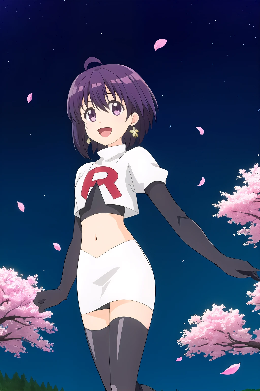 maple, 1girl, solo, long_hair, looking_at_viewer, short_hair, bangs, black_hair, hair_between_eyes, jewelry, very_long_hair, purple_eyes, purple_hair, ahoge, :d, sidelocks, earrings, outdoors, sky, shiny, shiny_hair, flat_chest, dated, tree, petals, night, floating_hair, cherry_blossoms, short_hair_with_long_locks,team rocket,team rocket uniform, red letter R, white skirt,white crop top,black thigh-highs,black elbow gloves