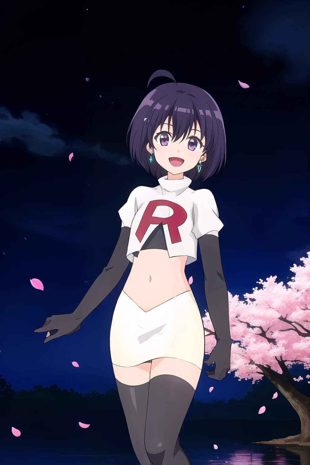 maple, 1girl, solo, long_hair, looking_at_viewer, short_hair, bangs, black_hair, hair_between_eyes, jewelry, very_long_hair, purple_eyes, purple_hair, ahoge, :d, sidelocks, earrings, outdoors, sky, shiny, shiny_hair, flat_chest, dated, tree, petals, night, floating_hair, cherry_blossoms, short_hair_with_long_locks,team rocket,team rocket uniform, red letter R, white skirt,white crop top,black thigh-highs,black elbow gloves