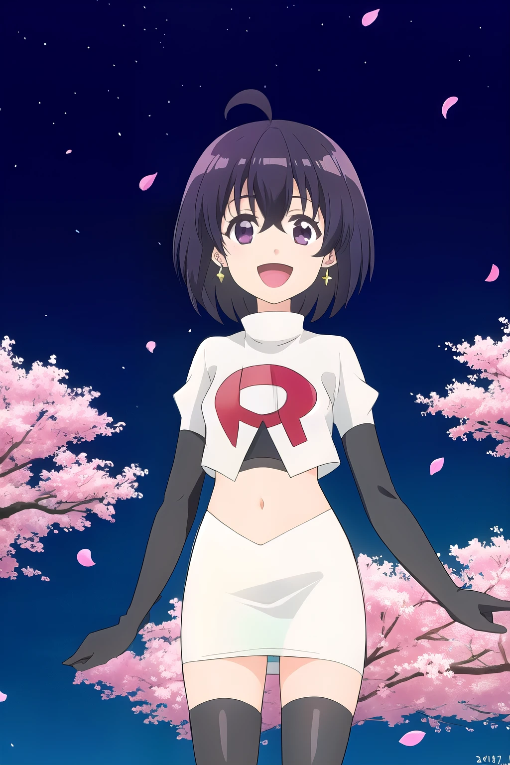 maple, 1girl, solo, long_hair, looking_at_viewer, short_hair, bangs, black_hair, hair_between_eyes, jewelry, very_long_hair, purple_eyes, purple_hair, ahoge, :d, sidelocks, earrings, outdoors, sky, shiny, shiny_hair, flat_chest, dated, tree, petals, night, floating_hair, cherry_blossoms, short_hair_with_long_locks,team rocket,team rocket uniform, red letter R, white skirt,white crop top,black thigh-highs,black elbow gloves