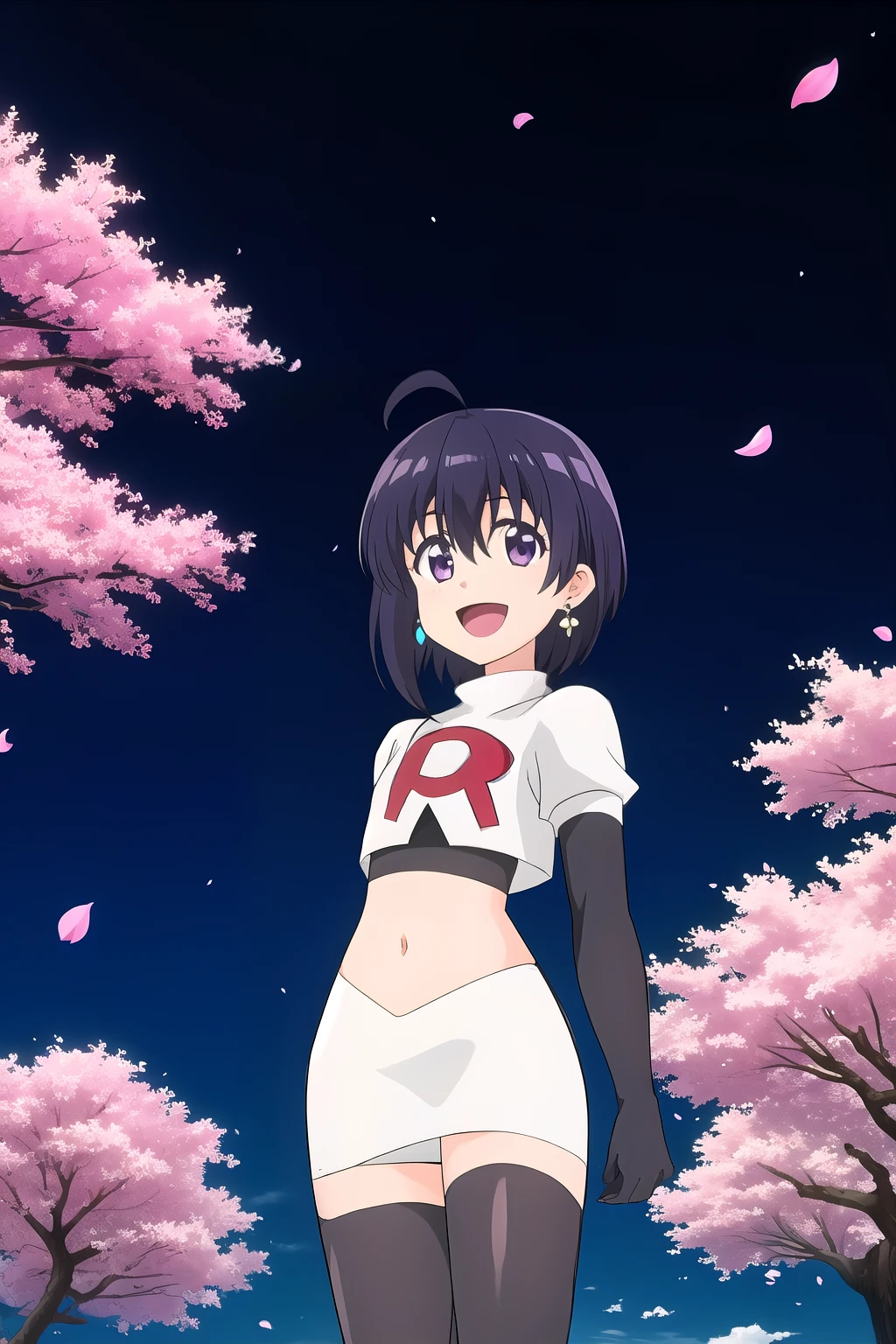 maple, 1girl, solo, long_hair, looking_at_viewer, short_hair, bangs, black_hair, hair_between_eyes, jewelry, very_long_hair, purple_eyes, purple_hair, ahoge, :d, sidelocks, earrings, outdoors, sky, shiny, shiny_hair, flat_chest, dated, tree, petals, night, floating_hair, cherry_blossoms, short_hair_with_long_locks,team rocket,team rocket uniform, red letter R, white skirt,white crop top,black thigh-highs,black elbow gloves