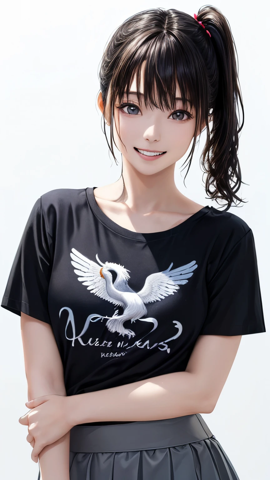 (highest quality、8K、32k、masterpiece)、(realistic)、(Photoreal:1.2)、(High resolution)、Super detailed、very beautiful face and eyes、1 girl、round and small face、thin waist、delicate body、(close、highest quality、high detail、Rich skin details)、(highest quality、8K、oil paint:1.2)、Super detailed、(realistic、realistic:1.37)、bright colors、(((flaxen hair)))、(((bust shot)))、(((medium hair)))、(((side ponytail hair)))、(((pure white wall background)))、(((pure white wall background)))、(((She has a happy expression)))、(((laughter)))、(((wearing a black T-shirt)))、(((A T-shirt with a picture of Pegasus on the chest.)))、(((look straight ahead)))、(((the skirt is short)))、(((teeth visible)))、(((Hands are above the head)))、