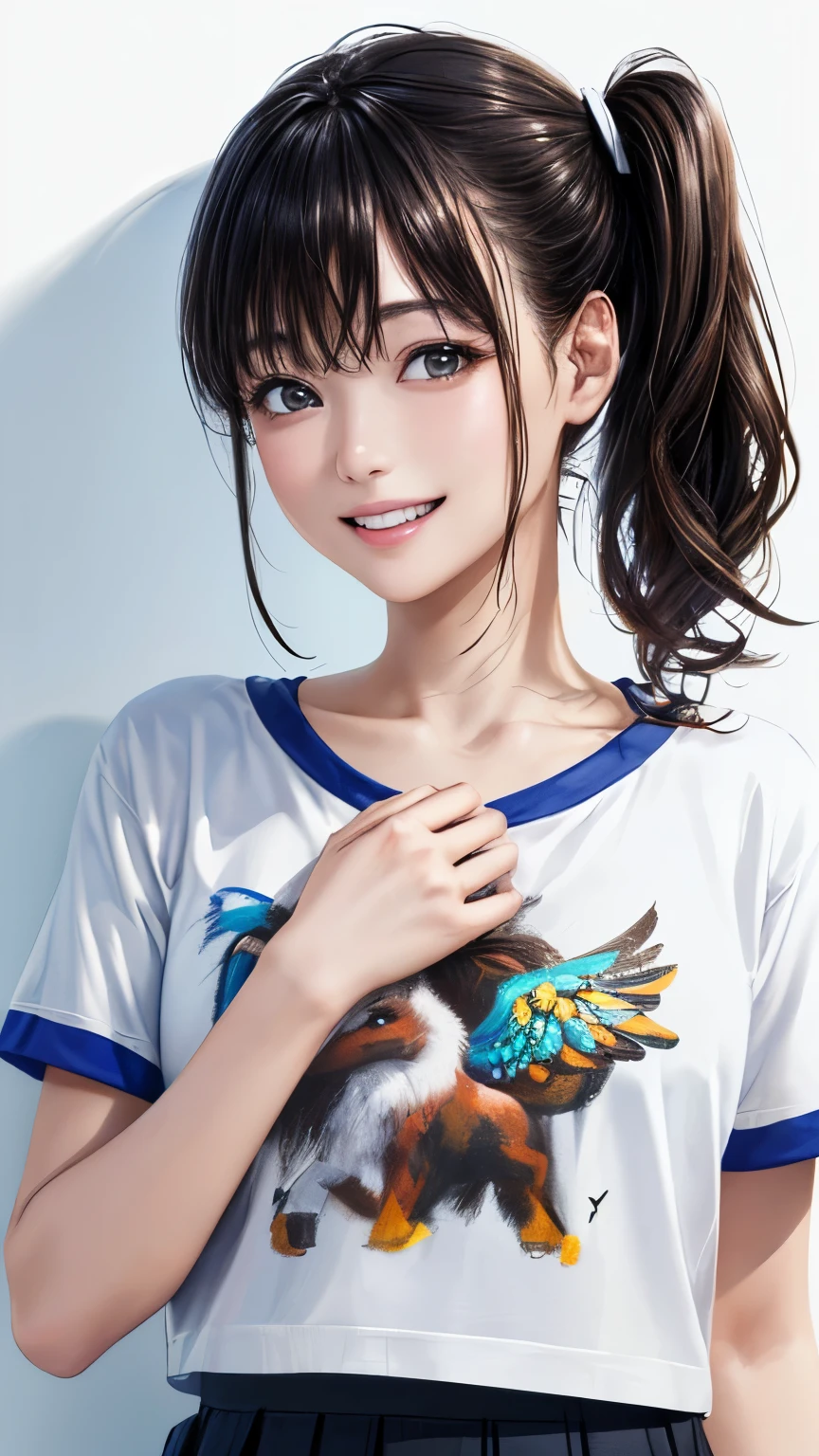 (highest quality、8K、32k、masterpiece)、(realistic)、(Photoreal:1.2)、(High resolution)、Super detailed、very beautiful face and eyes、1 girl、round and small face、thin waist、delicate body、(close、highest quality、high detail、Rich skin details)、(highest quality、8K、oil paint:1.2)、Super detailed、(realistic、realistic:1.37)、bright colors、(((flaxen hair)))、(((bust shot)))、(((medium hair)))、(((side ponytail hair)))、(((pure white wall background)))、(((pure white wall background)))、(((She has a happy expression)))、(((laughter)))、(((wearing a black T-shirt)))、(((A T-shirt with a picture of Pegasus on the chest.)))、(((look straight ahead)))、(((the skirt is short)))、(((teeth visible)))、(((Hands are above the head)))、