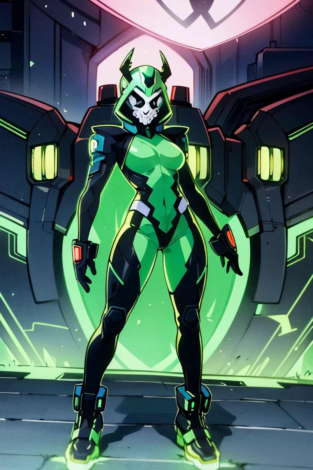 My Hero Academia style, female, medium breast, wide hips, wide thighs, hero costume, full body costume, black costume with neon green lines, head covered, Helmet, neon green helmet, skull helmet, neon green skull shaped helmet, neon green mask, mask, neon green skull mask, skull mask, black suit with neon green lines in the shape of a skeleton, lines in the shape of a skeleton, neon skeleton, Perfect anatomy, super detailed, perfect hands,