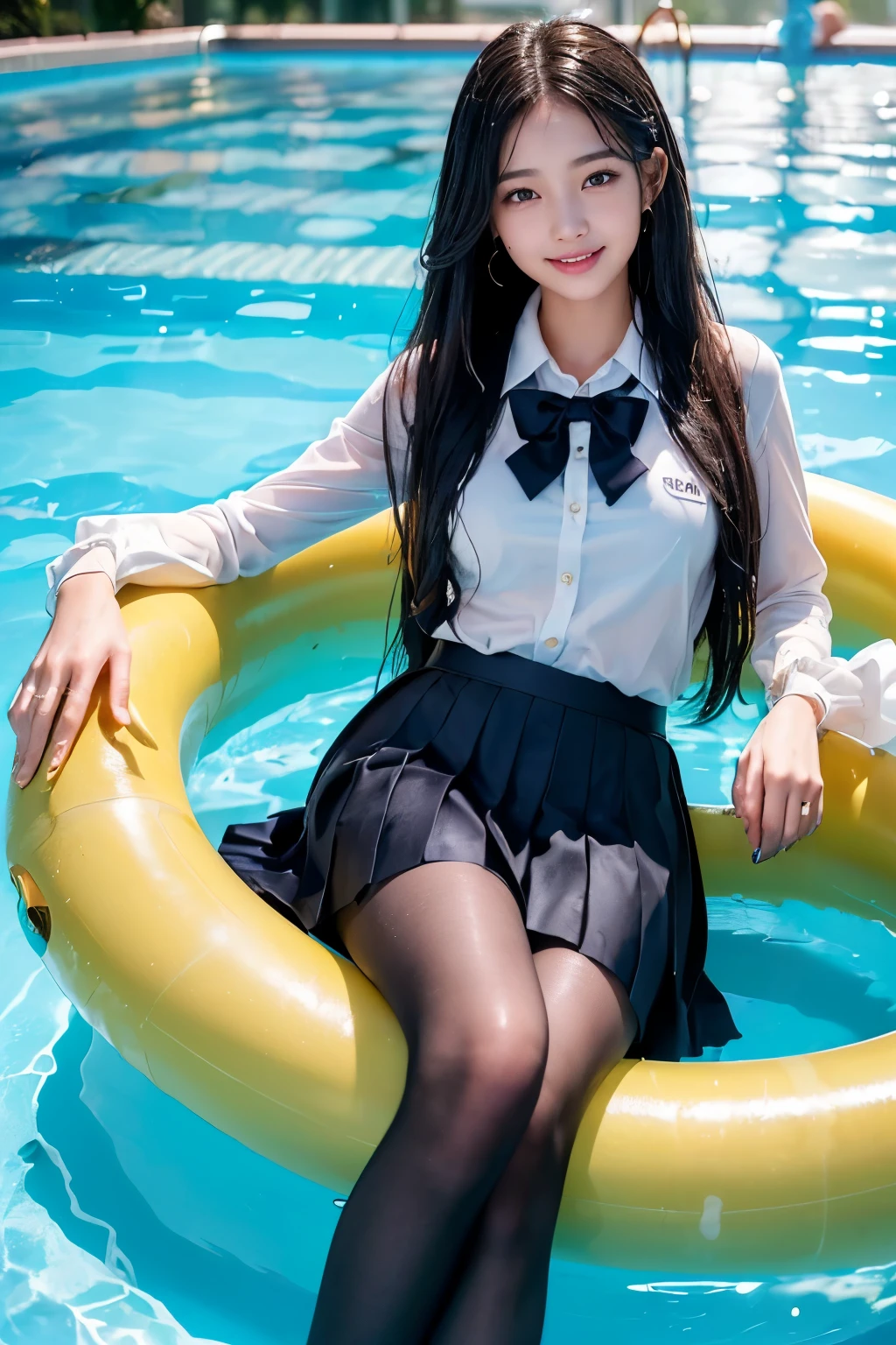 (((A beautiful girl with a golden ratio face who rides a large floating ring in the pool while wearing her school uniform)))、(((wet 、wet super long hair、Wet hair、pleated skirt、Black pantyhose)))、smile、( absurdly,high quality , Super detailed)、(See photographer )、(((cute pose)))