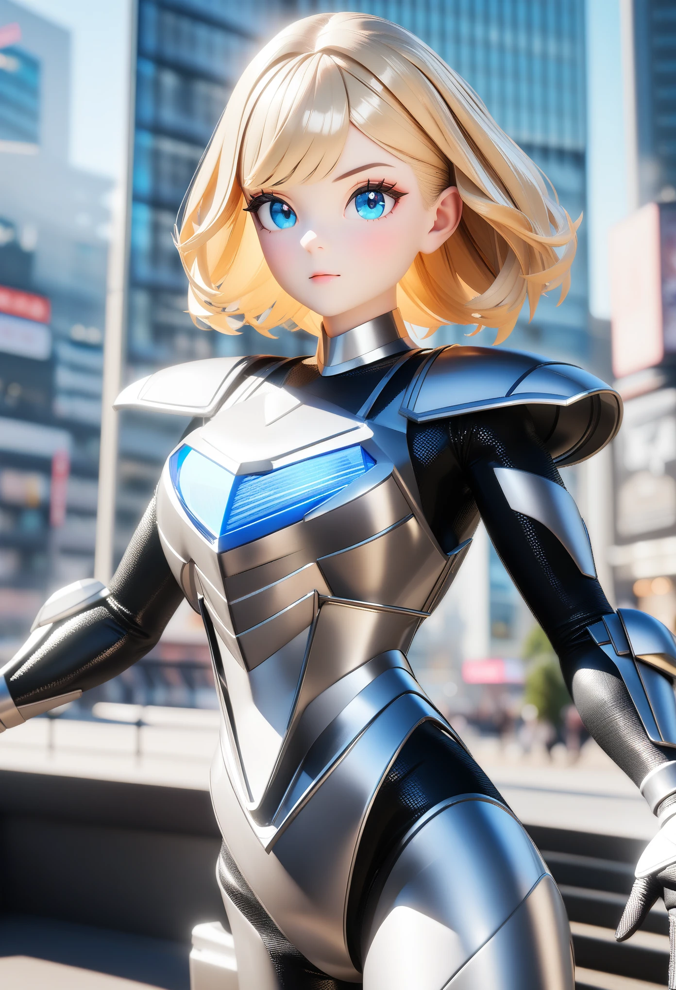 1female,original,blonde hair,blue eyes Silver Ranger, silverarmor, Silver Power Ranger, Black stripes, metallic clothes,Ultra HD,3D style, futuristic city background, depth of field,ultra-detailed,sharp focus,aesthetic,(best quality)