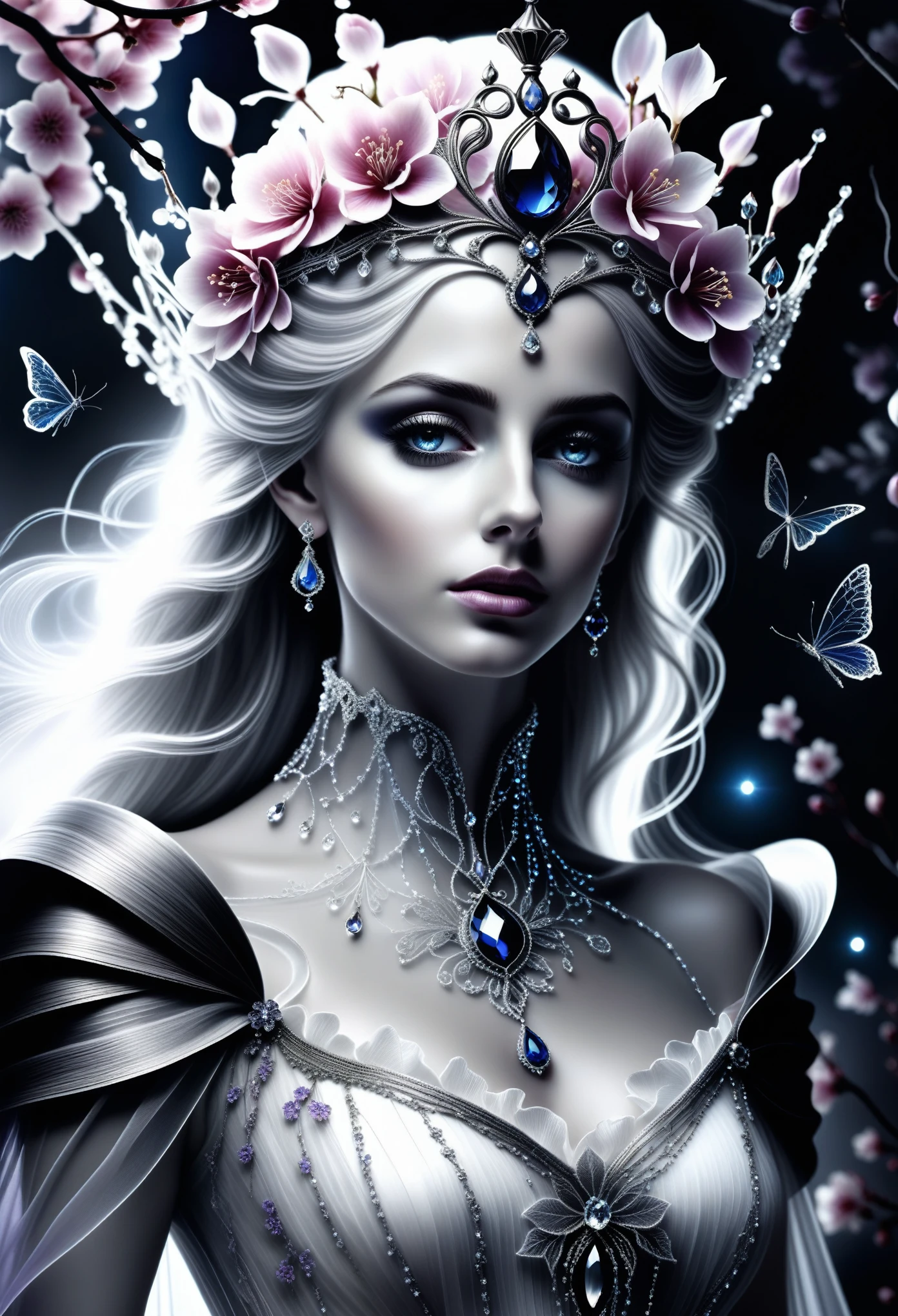 (Pencil_Sketch:1.2, messy lines, greyscale, traditional media, sketch),(full body portrait:1.5), (Far focus design:1.5), An elf queen, High-level elf noble clothing, Proud, shy, bell, Triple crown, Glowing white pupils, Eyes look toward central focus, wrapped in lilac metallic canvas, Exuding an aura of dark fantasy and hatred, Intricate and exquisite details, Highlight thin strokes, dark rich color palette, Black, Red, white, blue, Added to enhance the overall ambience, Beautiful details glow, smooth and flawless, through double exposure technology, Hauntingly beautiful mist shrouding the landscape, Delicate crystal structure sparkles, ethereal light, Soft baby pink cherry blossoms, Exquisite carpet floor, Optical fiber thin fibers add touch, Intricate and mysterious, nose blush, rococo style, high detail, Conceptual art, UHD, anatomically correct, super detail, best quality, 8k