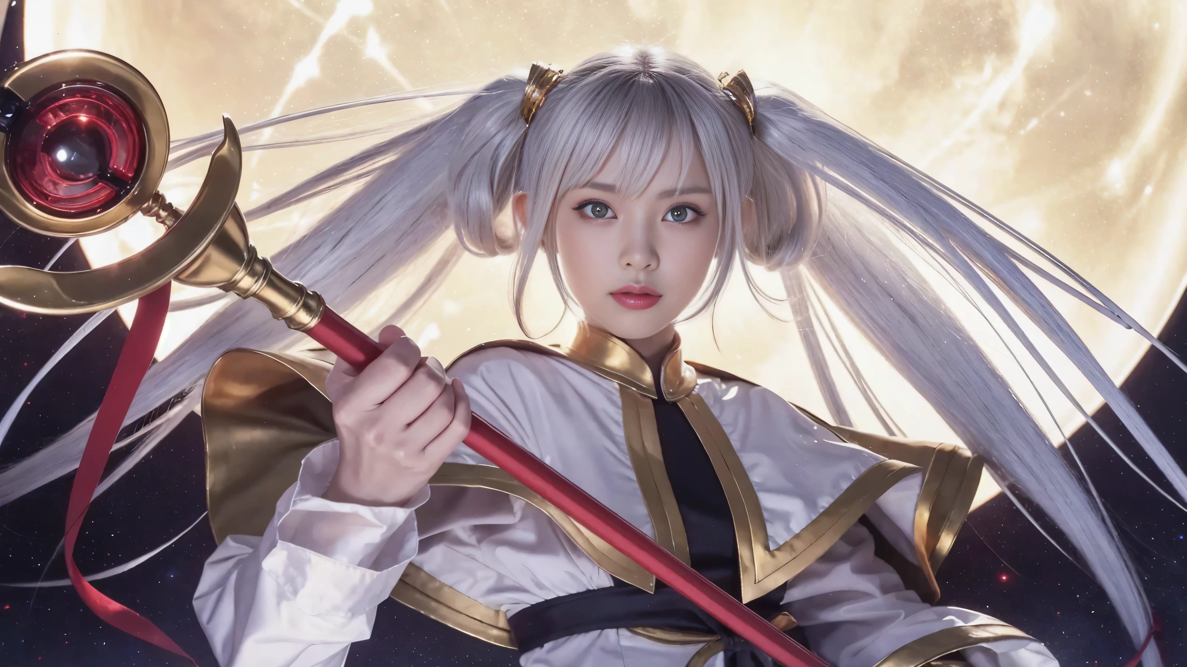 ((alone)),(masterpiece,highest quality,High resolution,realistic, photo realistic), funeral freelen,cosplay,goblin, Metal(gold and red)has a cane of,Japanese,Beautiful woman,High resolution, plump lips, emerald green eyes,pointed ears,silver hair, twin tails,White and gold robe,thin,Upper body,night sky,looking at camera,dynamic pose