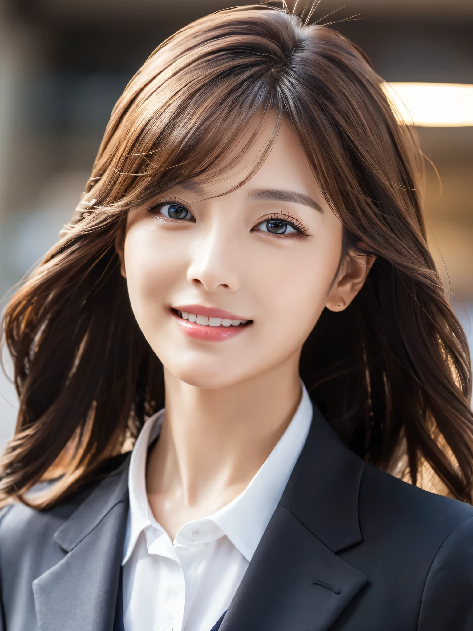 table top、highest quality、genuine、Super detailed、finely、High resolution、8k wallpaper、one beautiful woman、、、light brown disheveled hair、wearing a business suit、sharp focus、perfect dynamic composition、beautiful and detailed eyes、thin hair、Detailed genuine skin texture、smile、close-up portrait、model body shape